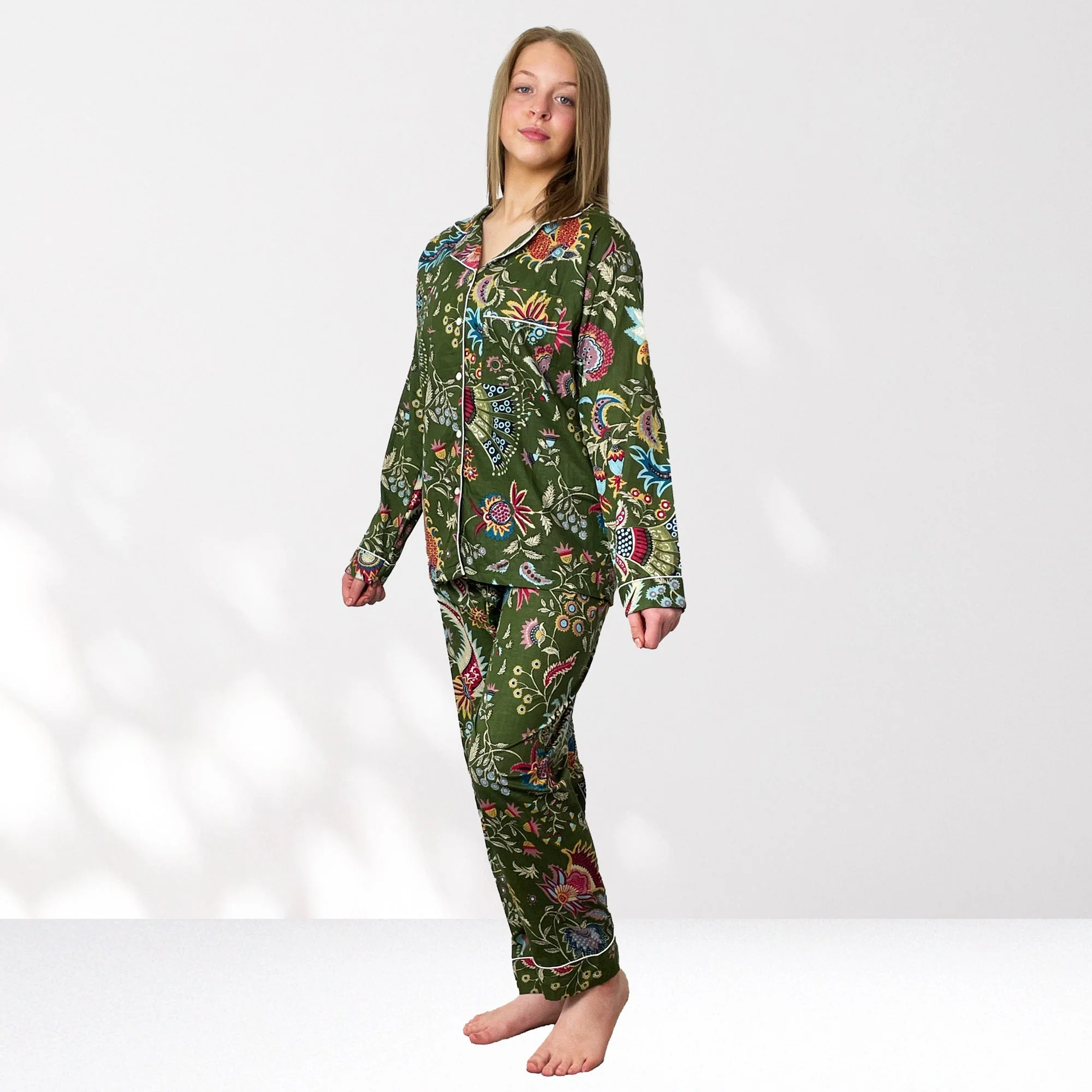 Green Block Print Floral 100% Cotton Long Pyjama Set - Image 5