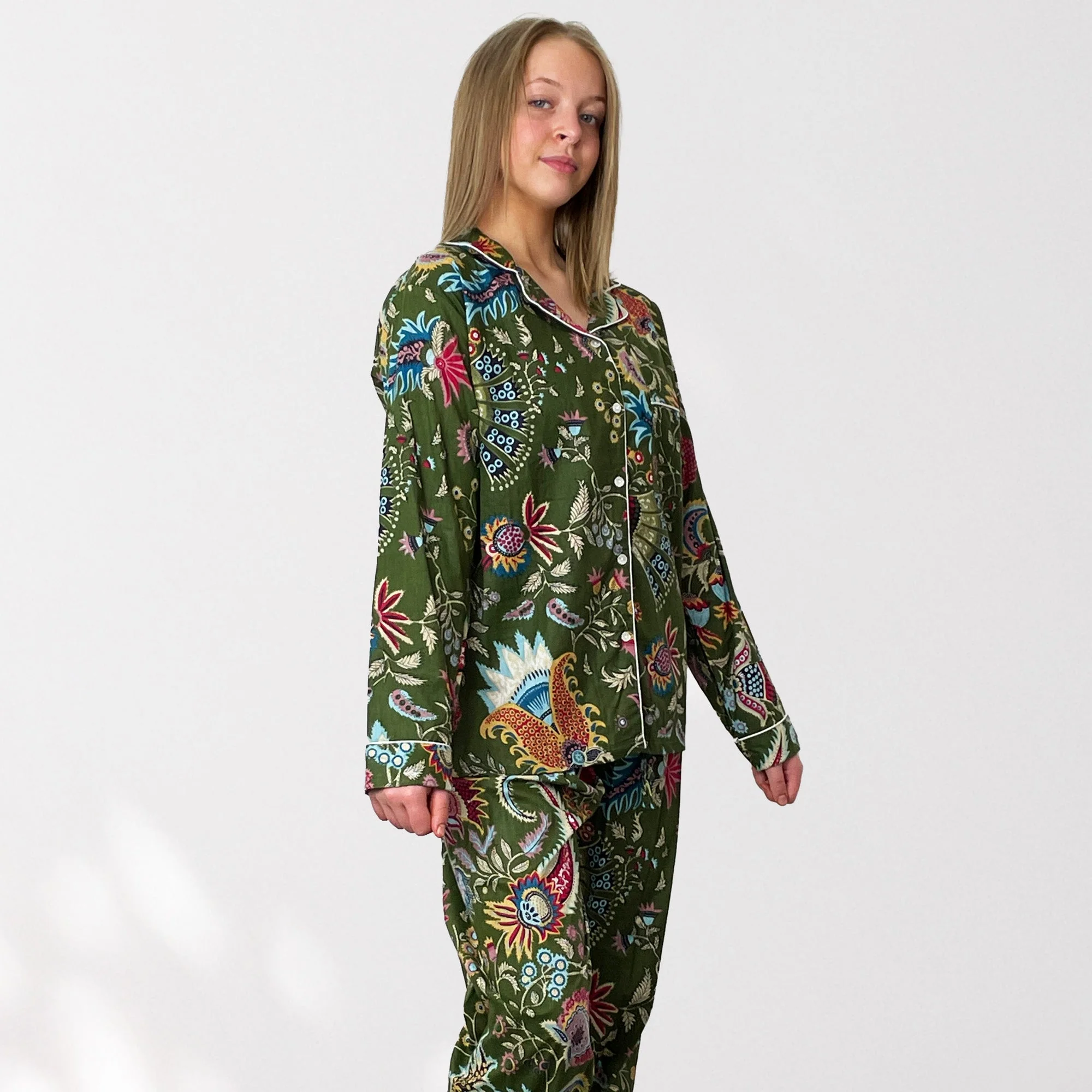 Green Block Print Floral 100% Cotton Long Pyjama Set - Image 7