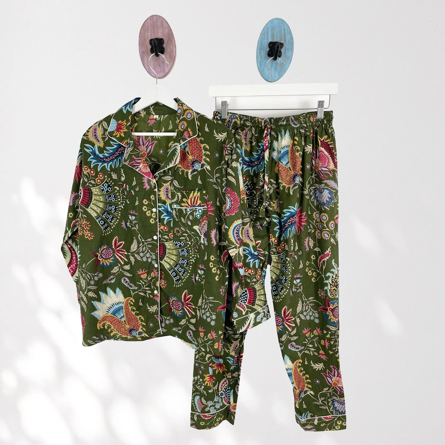 Green Block Print Floral 100% Cotton Long Pyjama Set - Image 9