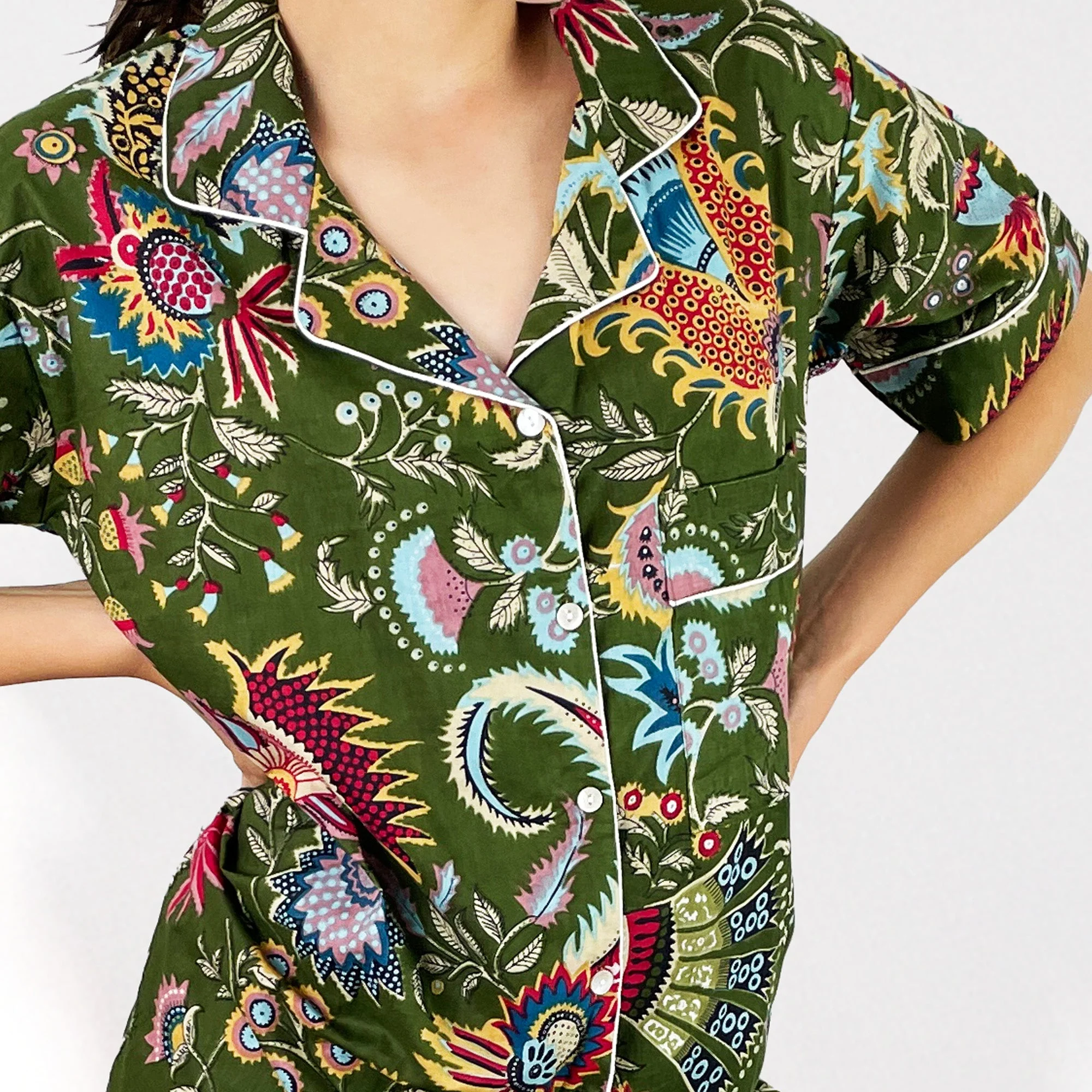 Green Block Print Floral 100% Cotton Short Pyjama Set - Image 5