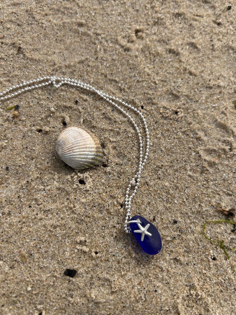 Blue seaglass & silver starfish Necklace