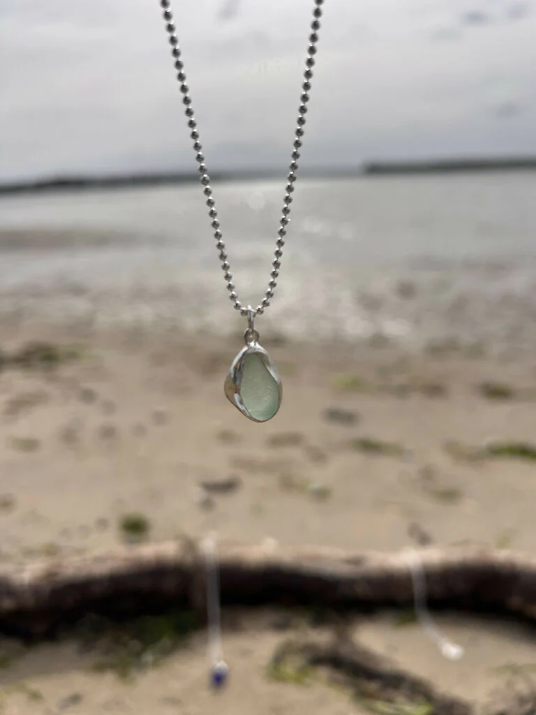 Aqua Green Seaglass recycled silver Necklace