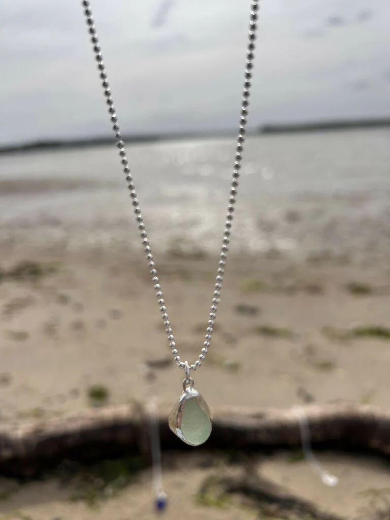 Aqua Green Seaglass recycled silver Necklace - Image 2