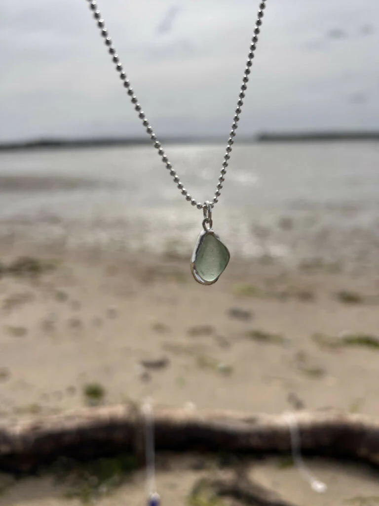Aqua Green Seaglass recycled silver Necklace - Image 3