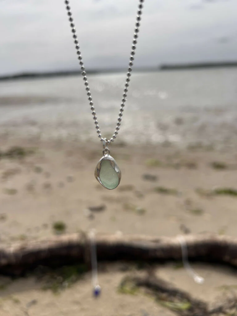 Aqua Green Seaglass recycled silver Necklace - Image 5
