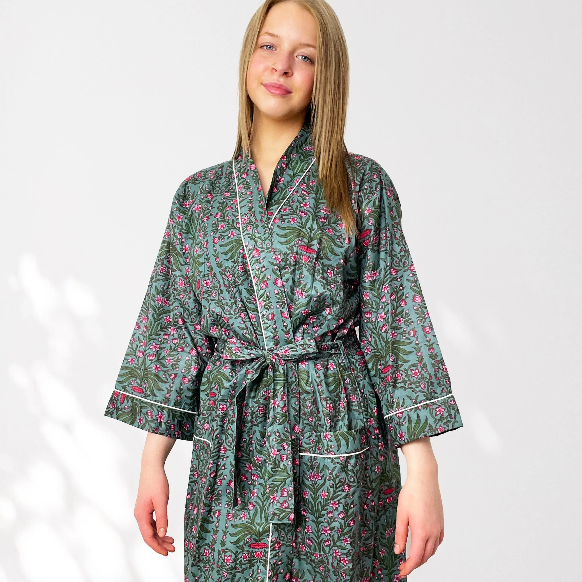 Grey and Pink Flower Print 100% Cotton Dressing Gown