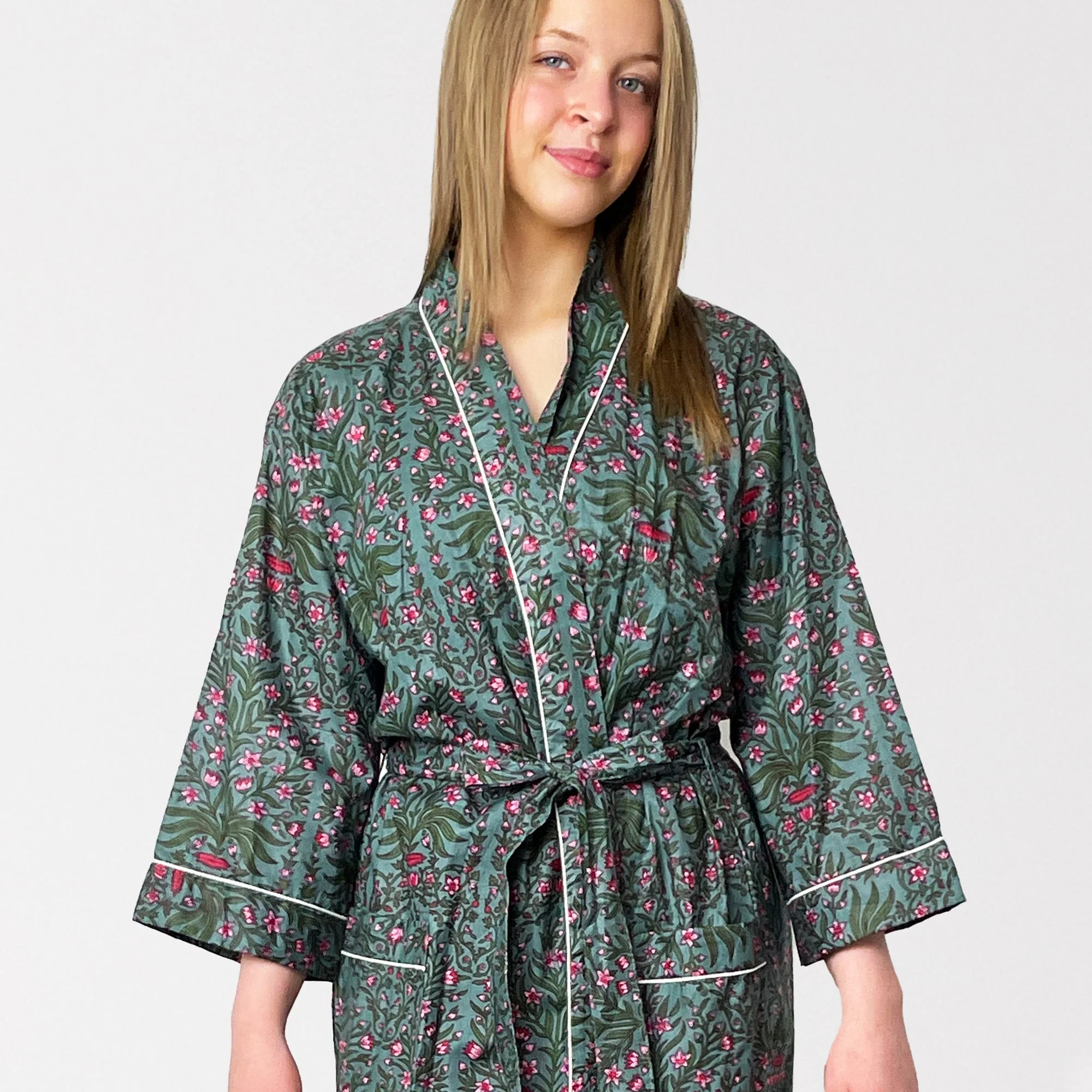 Grey and Pink Flower Print 100% Cotton Dressing Gown - Image 3
