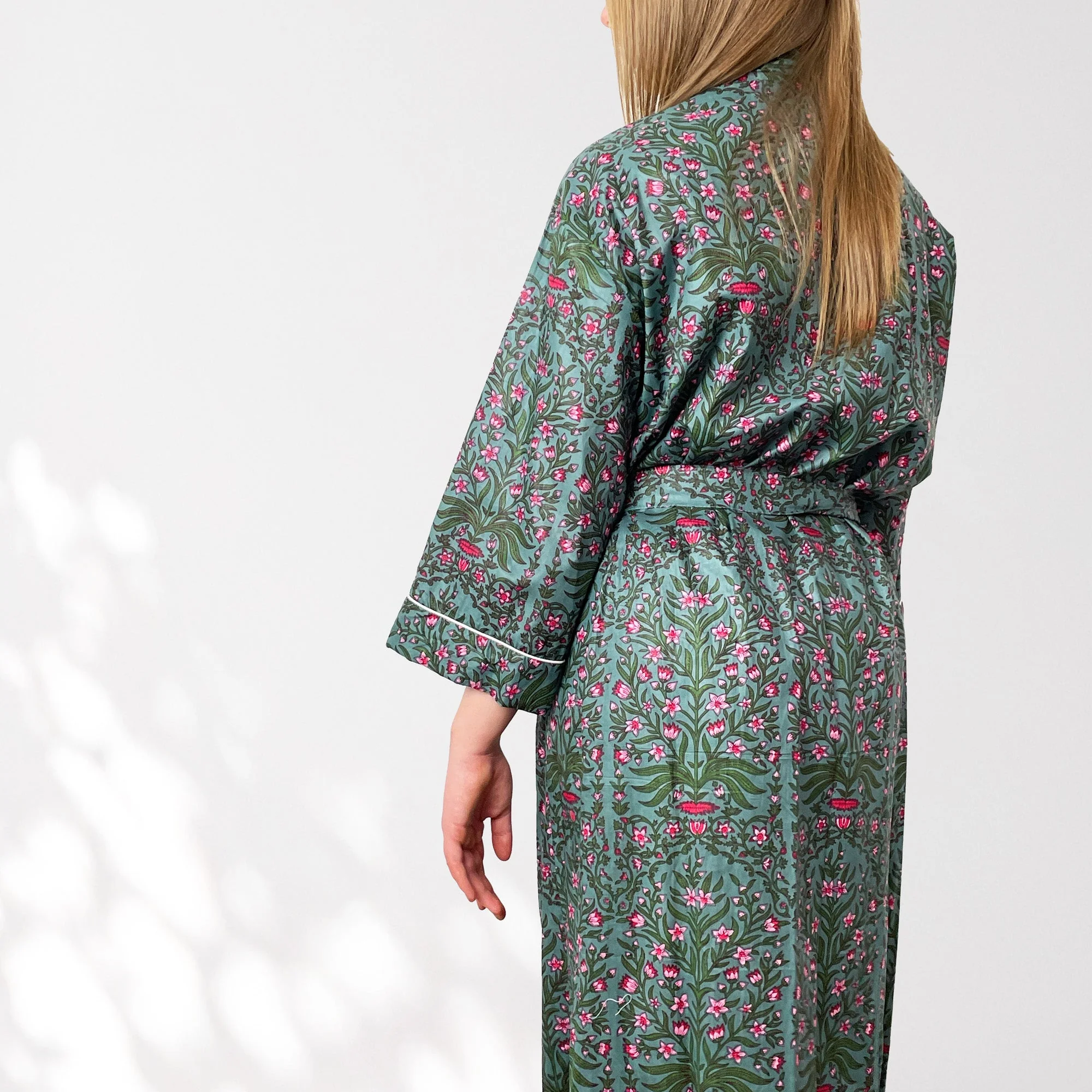 Grey and Pink Flower Print 100% Cotton Dressing Gown - Image 6