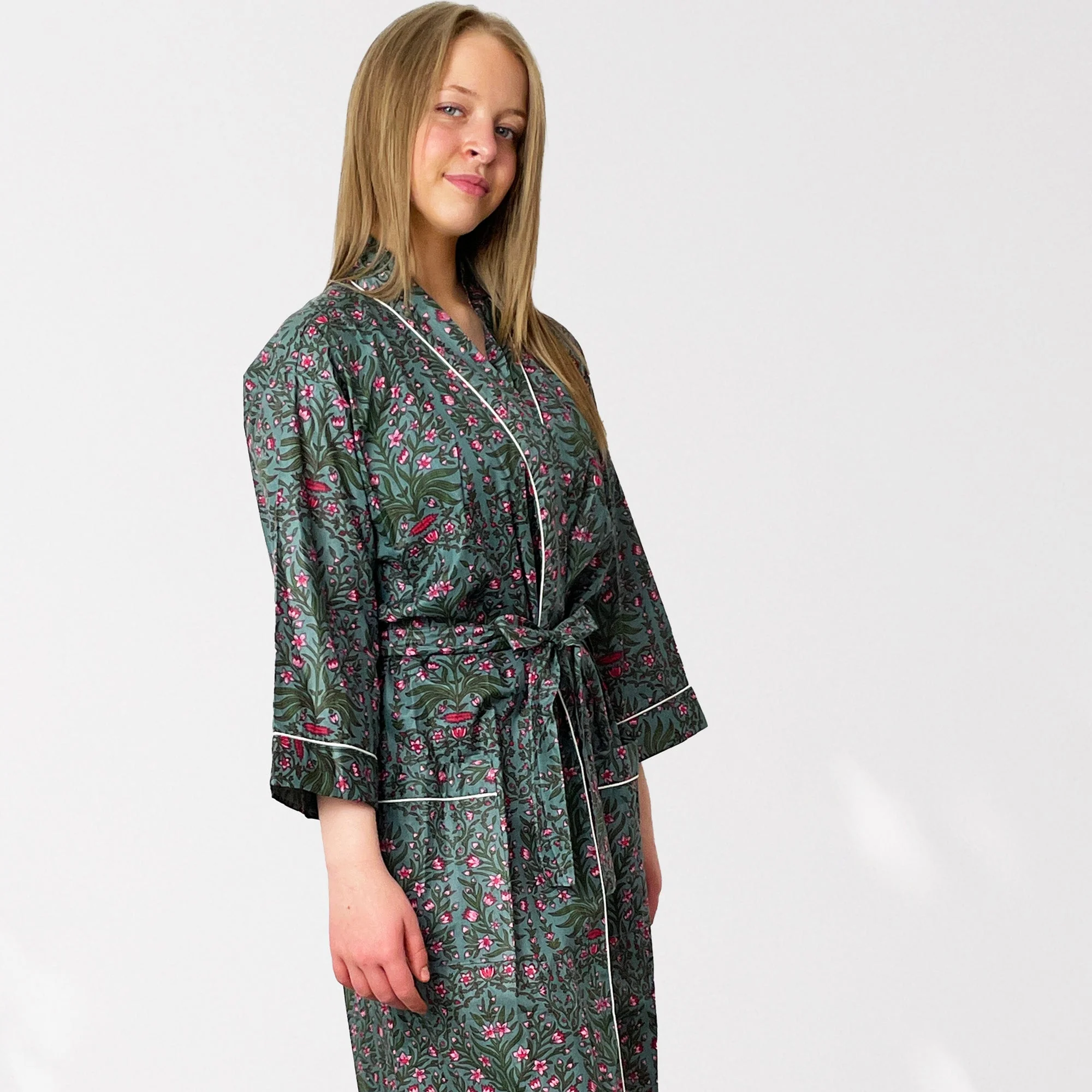 Grey and Pink Flower Print 100% Cotton Dressing Gown - Image 7