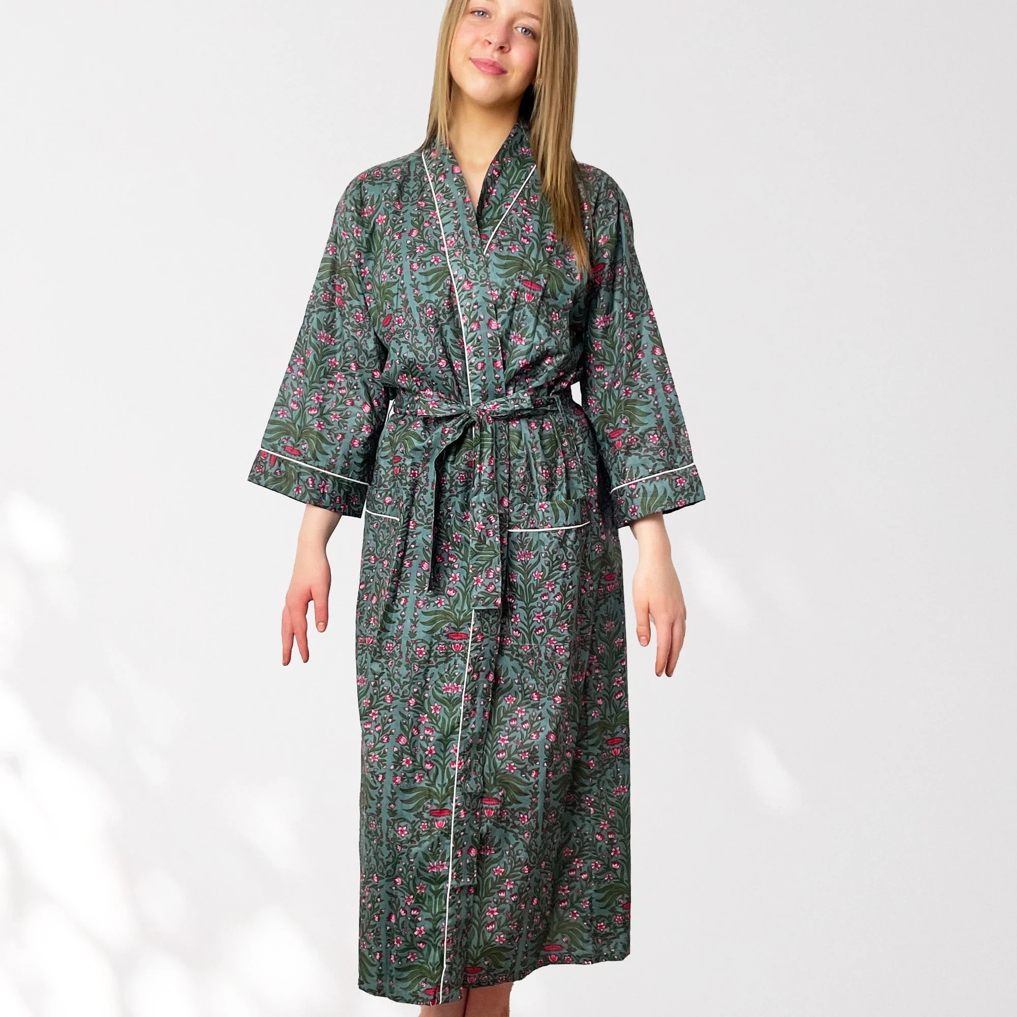 Grey and Pink Flower Print 100% Cotton Dressing Gown - Image 8