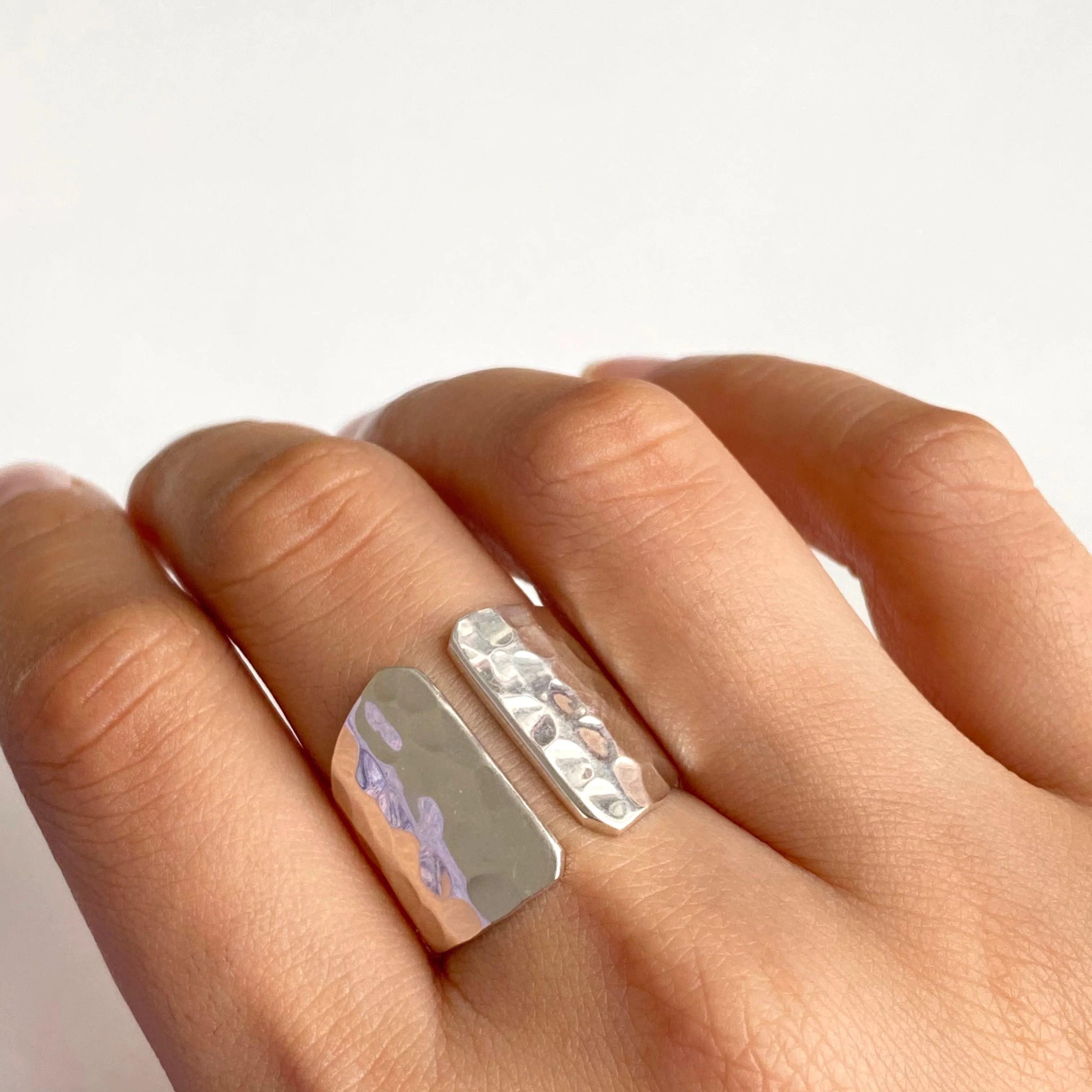 Hammered Texture Sterling Silver Ring with a Gap - Image 3
