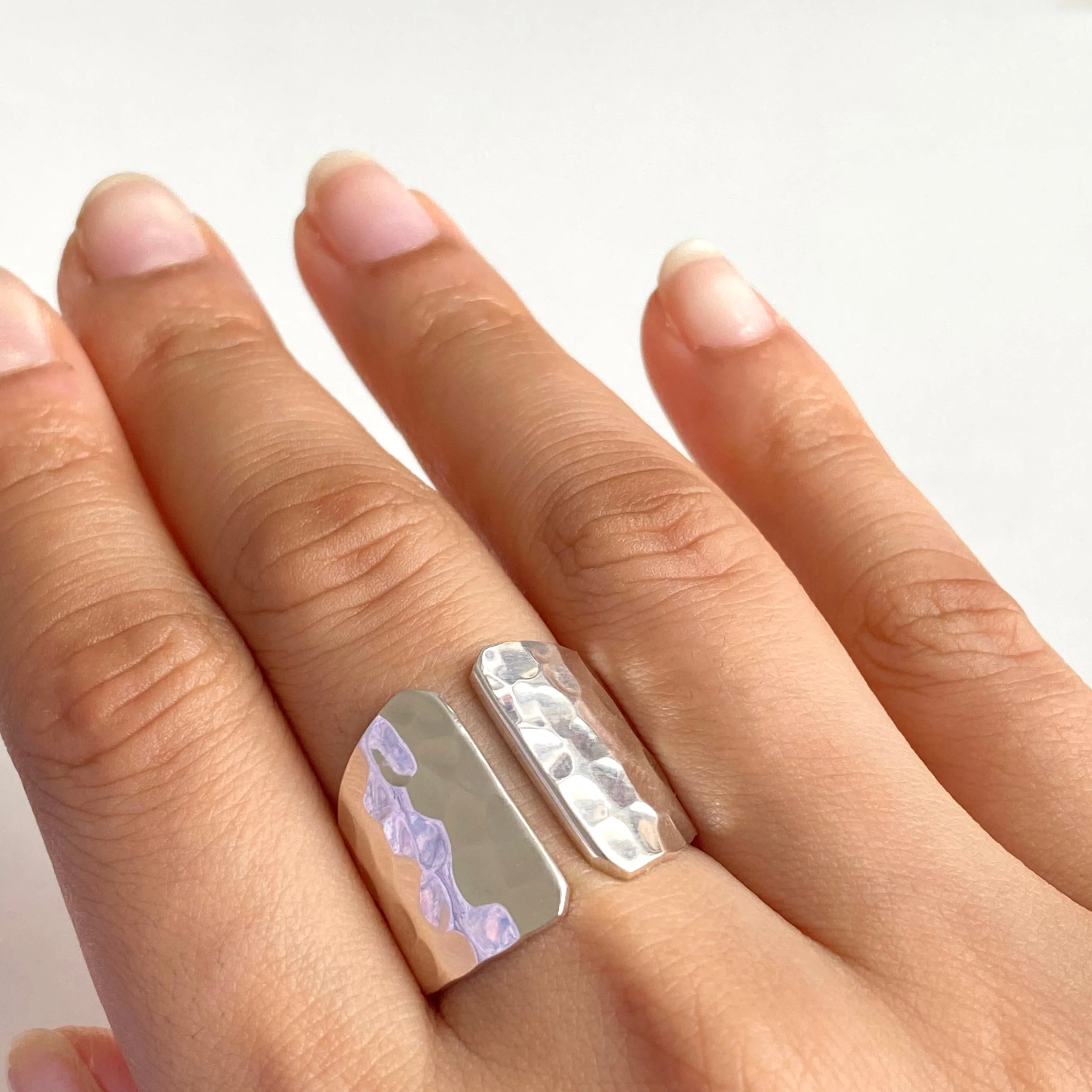 Hammered Texture Sterling Silver Ring with a Gap - Image 4