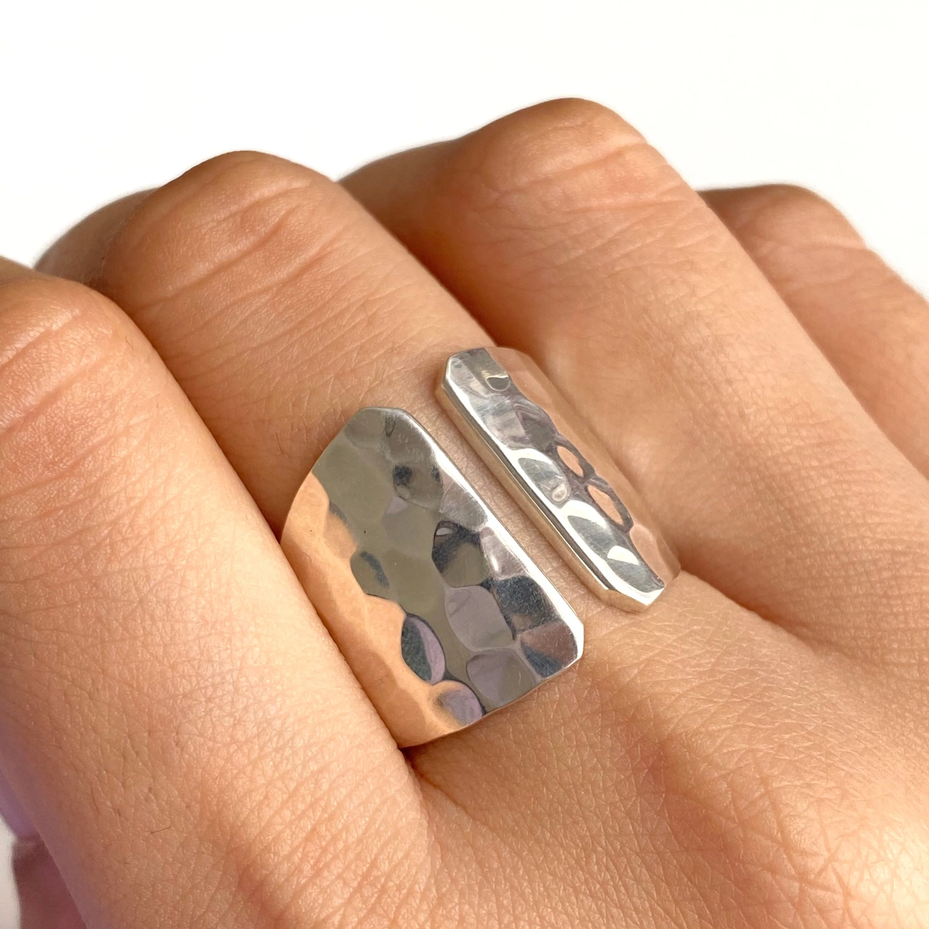 Hammered Texture Sterling Silver Ring with a Gap - Image 5