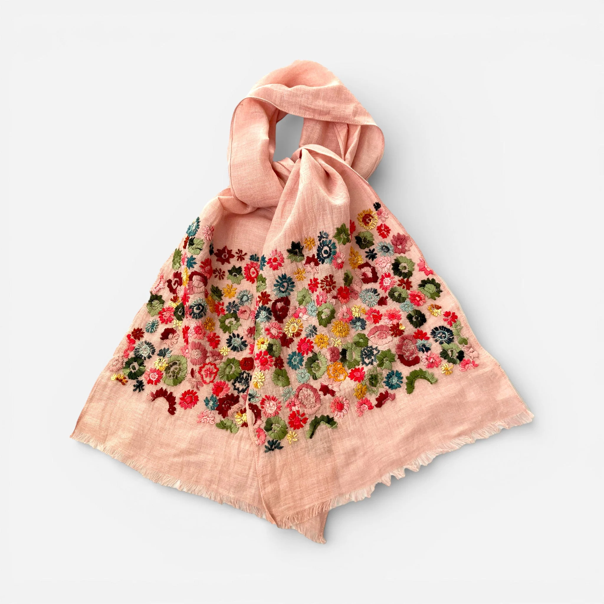 Hand Embroidered 100% Linen Scarf in Blush Pink Floral
