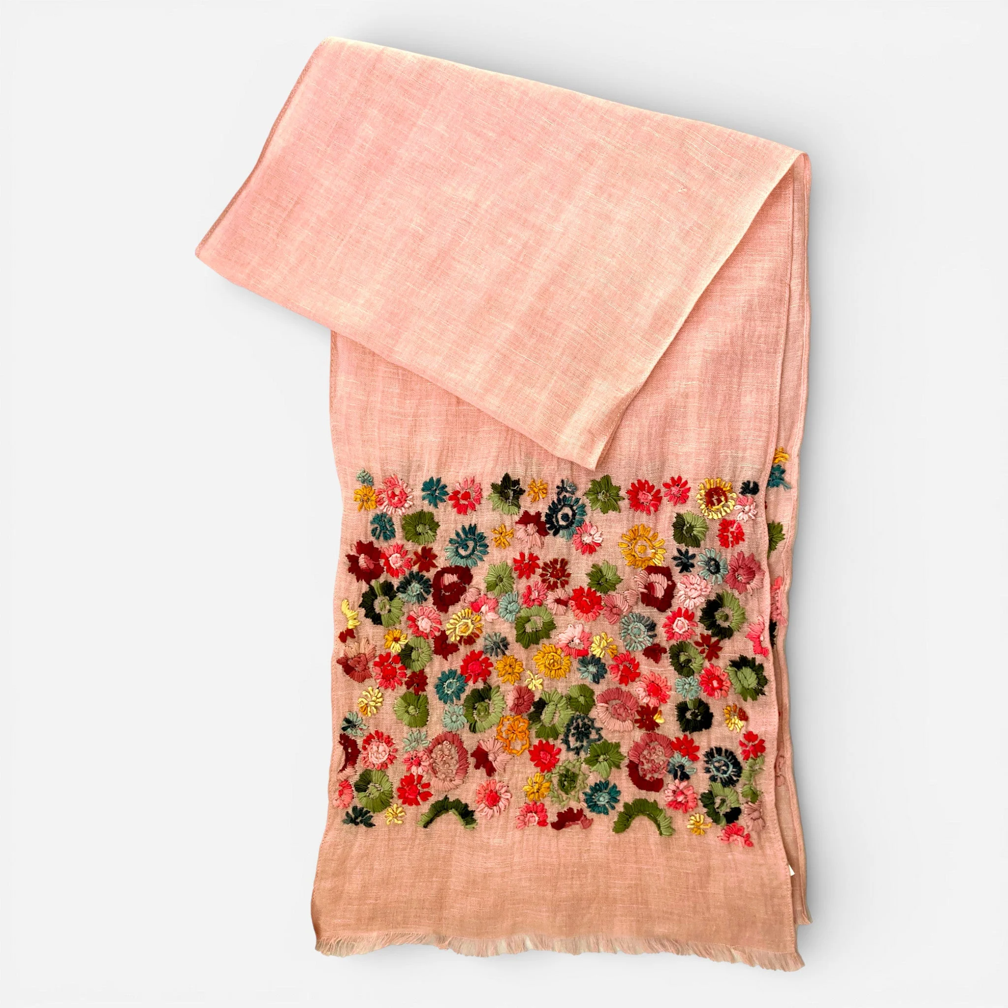 Hand Embroidered 100% Linen Scarf in Blush Pink Floral - Image 2