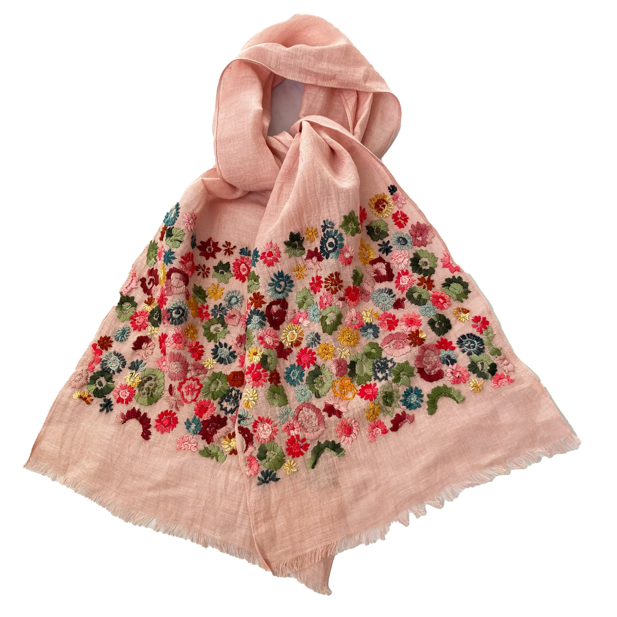 Hand Embroidered 100% Linen Scarf in Blush Pink Floral - Image 3