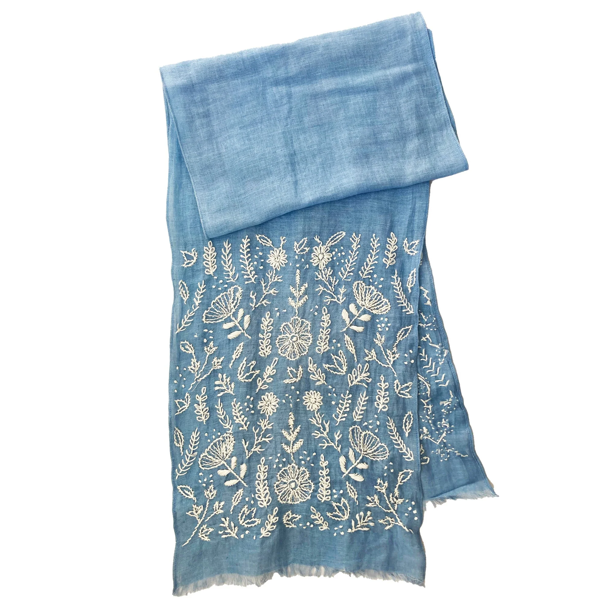 Hand Embroidered 100% Linen Scarf in Denim Blue Floral - Image 2