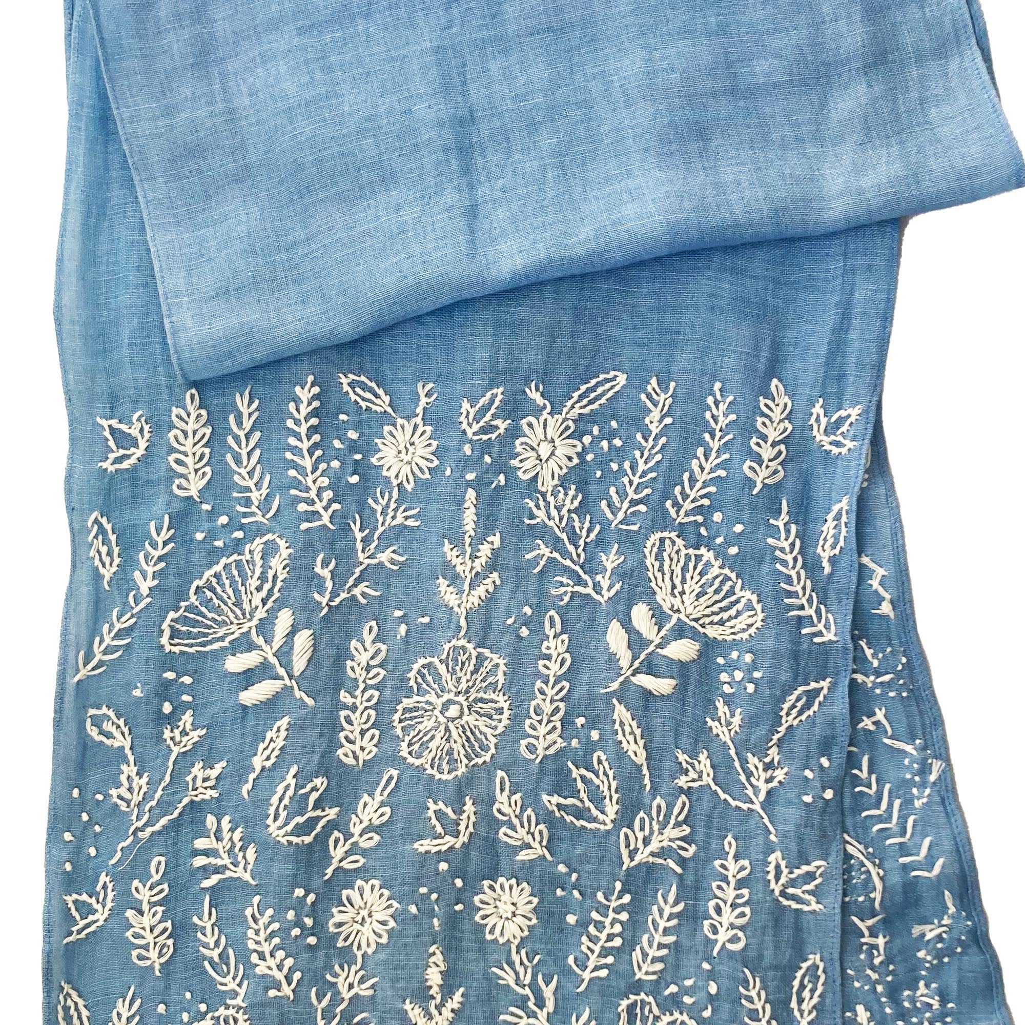Hand Embroidered 100% Linen Scarf in Denim Blue Floral - Image 5