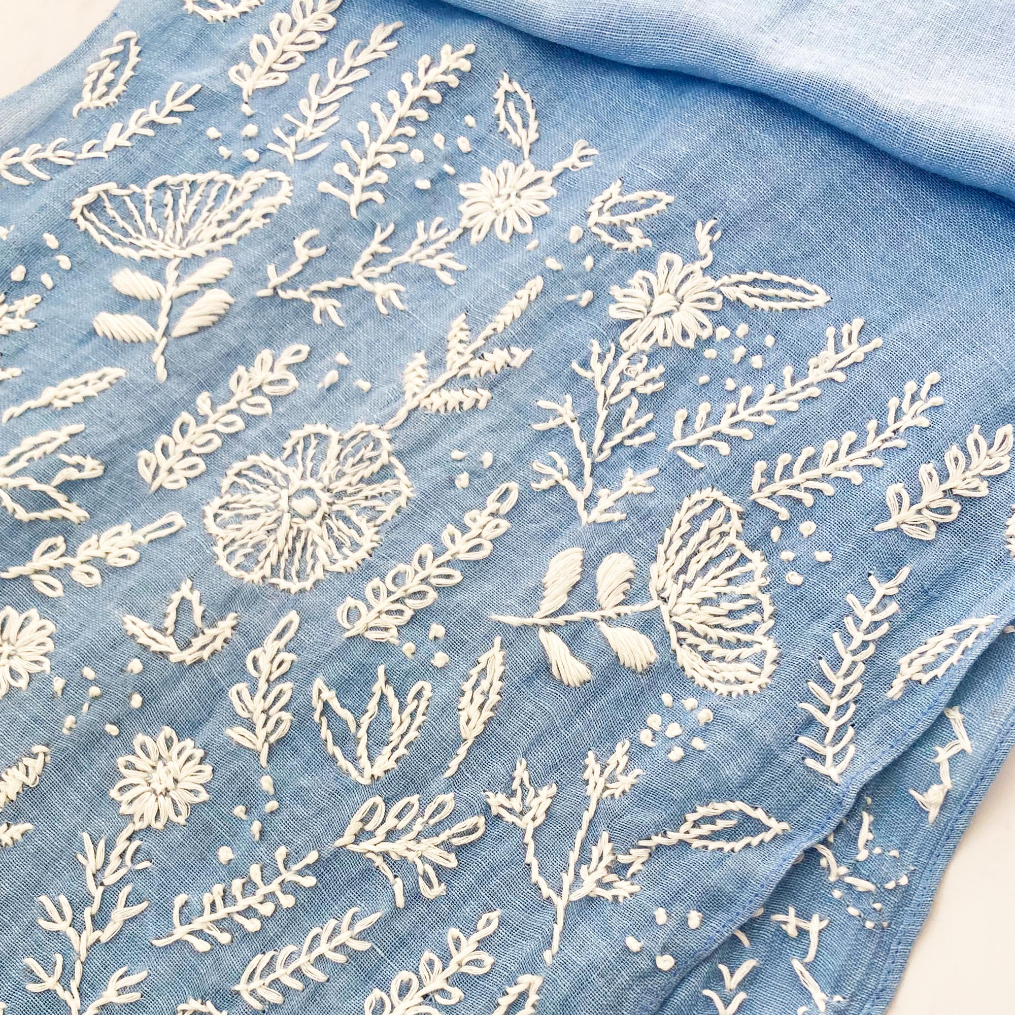 Hand Embroidered 100% Linen Scarf in Denim Blue Floral - Image 6