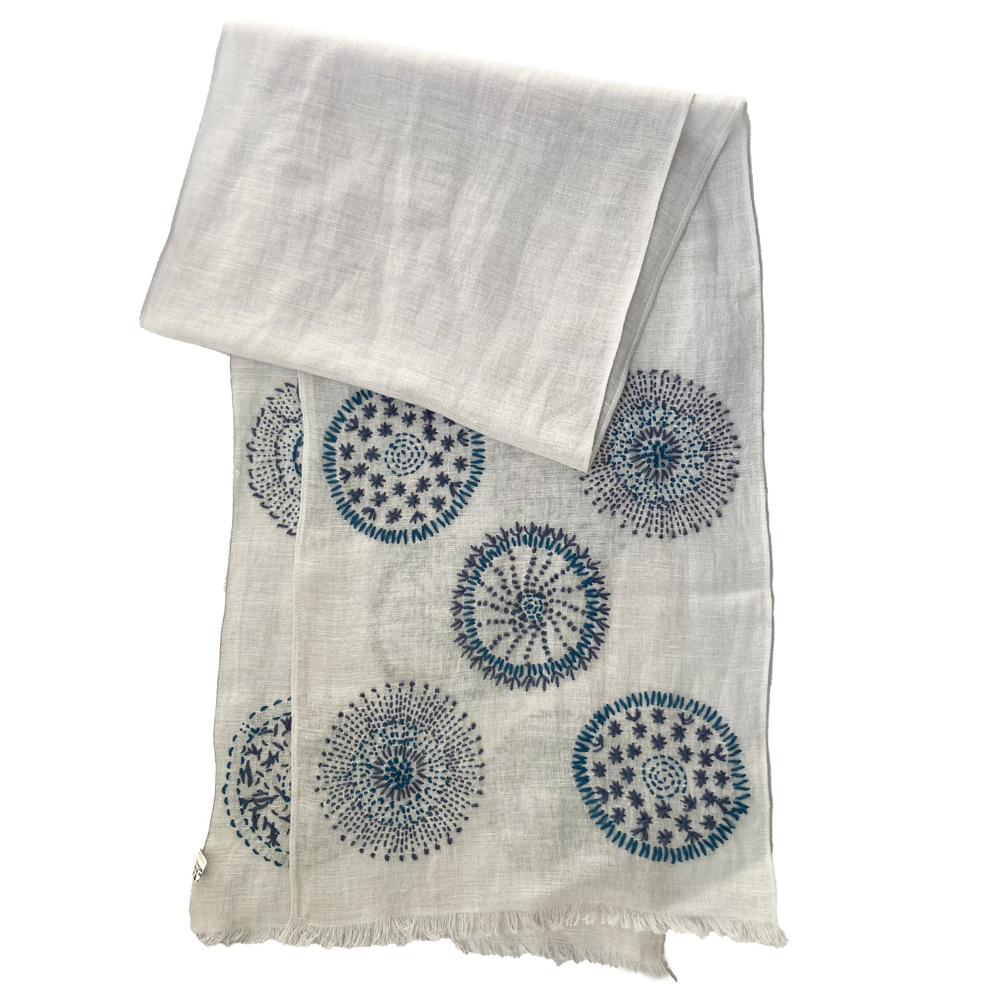 Hand Embroidered 100% Linen Scarf in Light Grey and Blue - Image 4