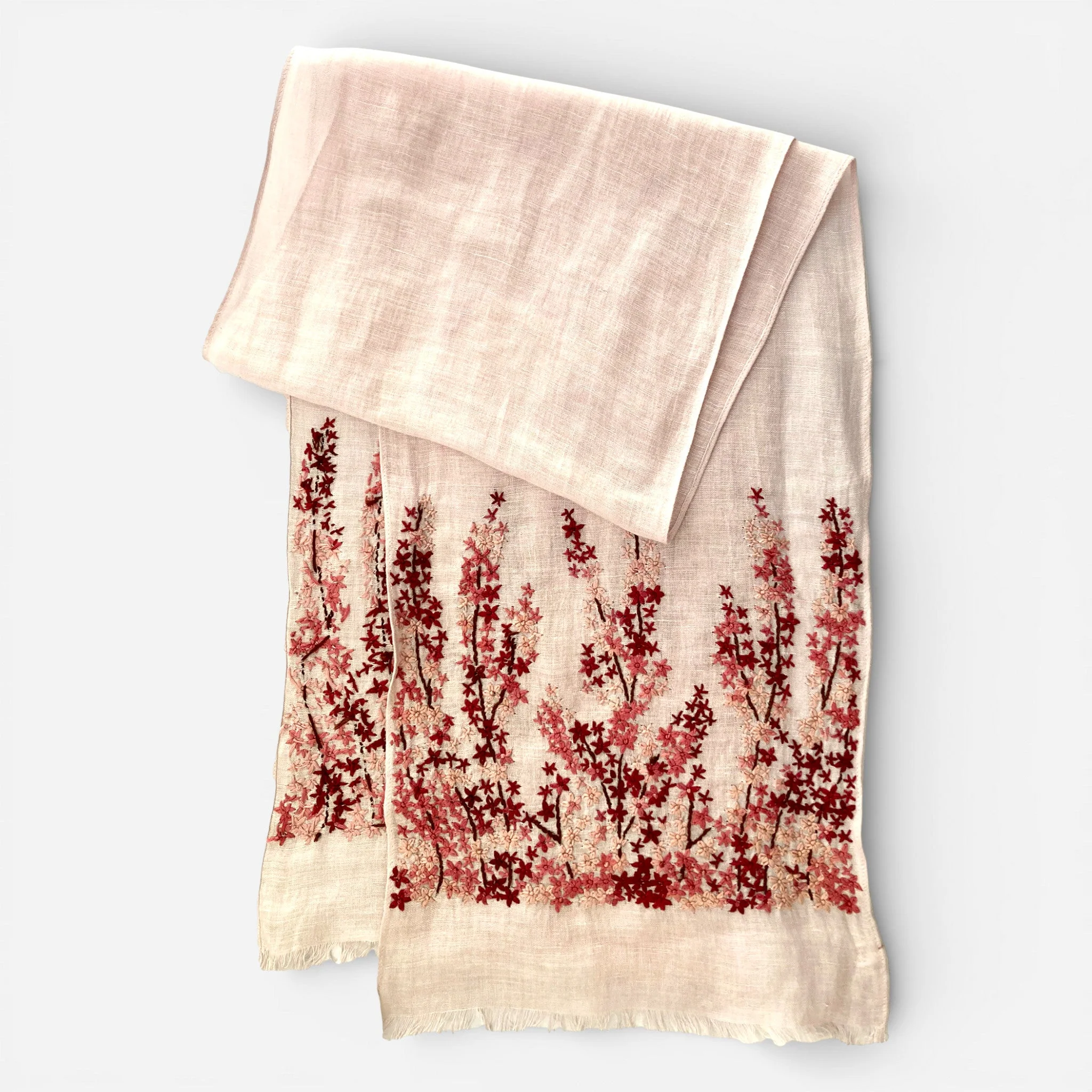 Hand Embroidered 100% Linen Scarf in Light Pink Meadow Floral - Image 2
