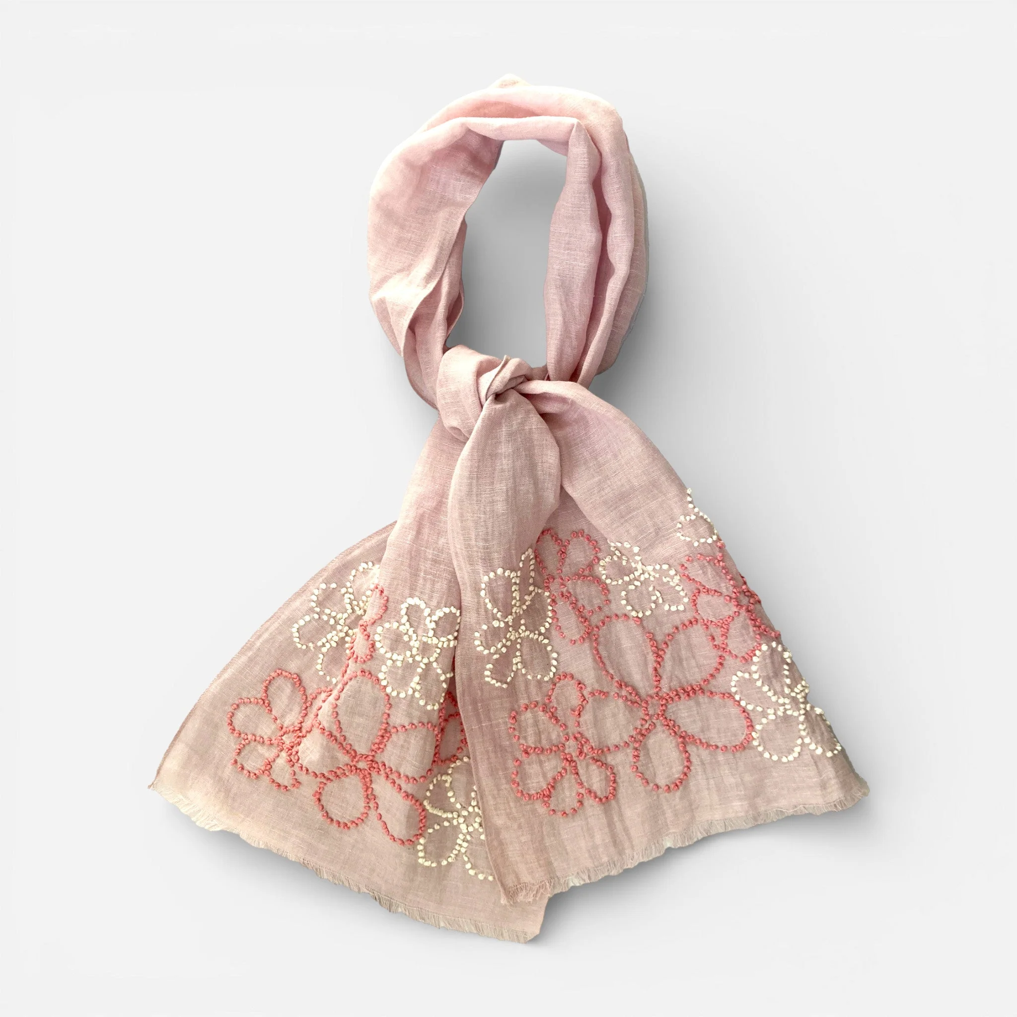 Hand Embroidered 100% Linen Scarf in Pale Pink with French Knot Flower details