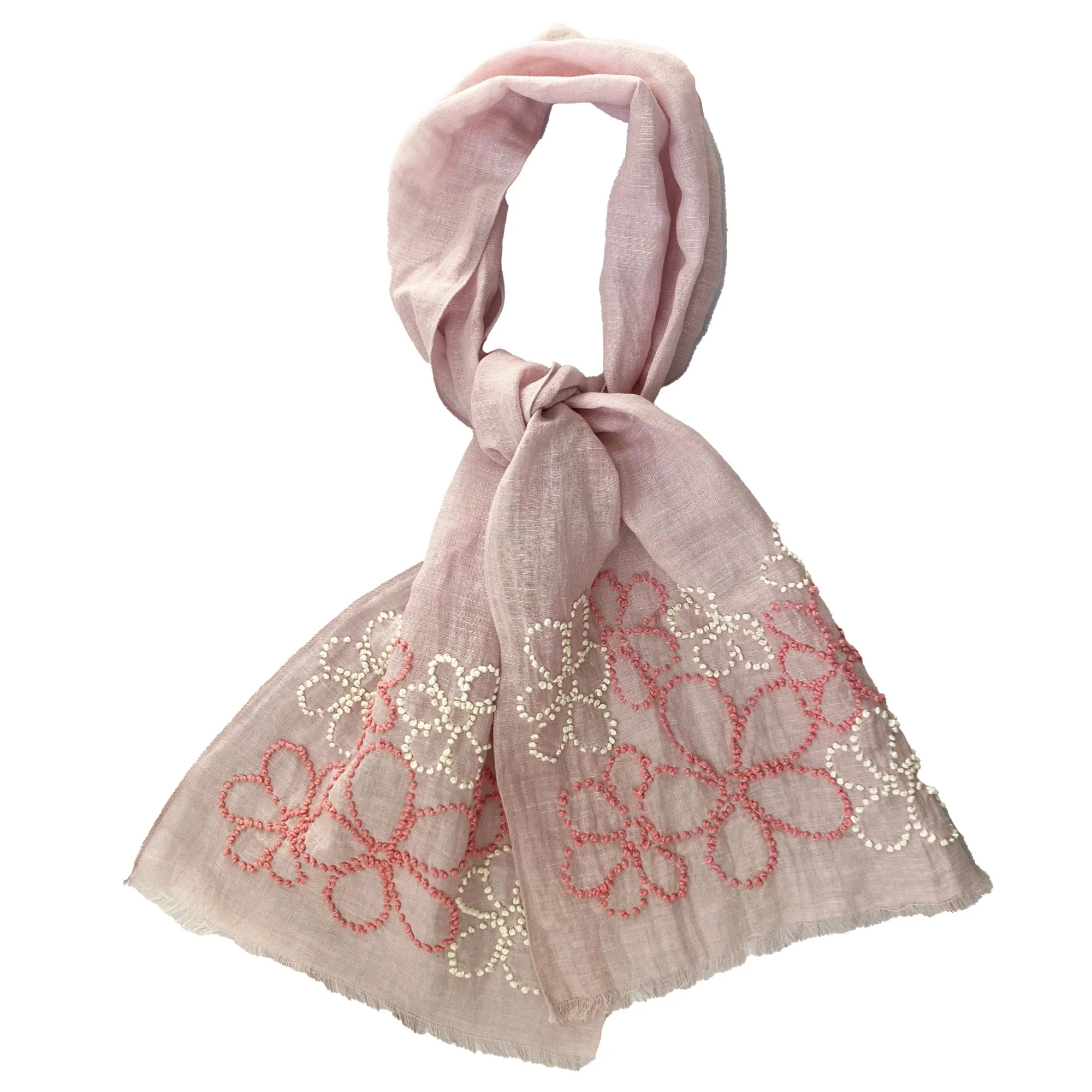 Hand Embroidered 100% Linen Scarf in Pale Pink with French Knot Flower details - Image 2