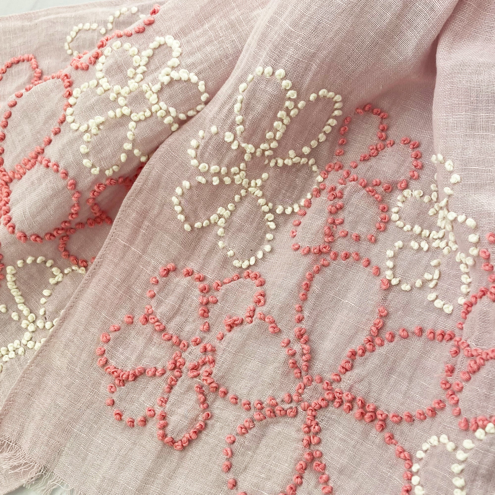 Hand Embroidered 100% Linen Scarf in Pale Pink with French Knot Flower details - Image 3