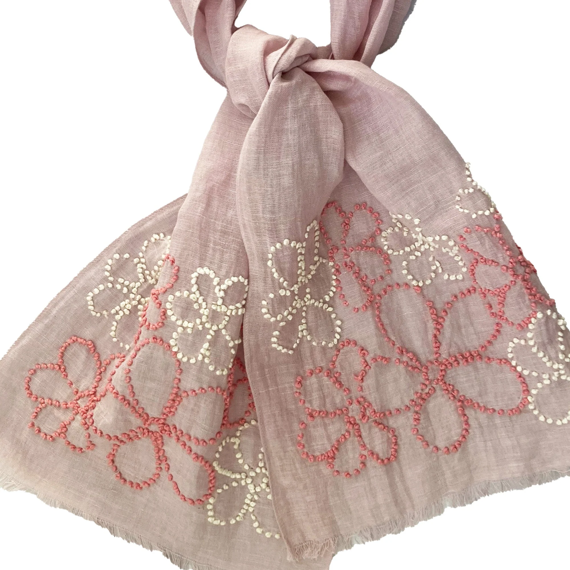 Hand Embroidered 100% Linen Scarf in Pale Pink with French Knot Flower details - Image 5