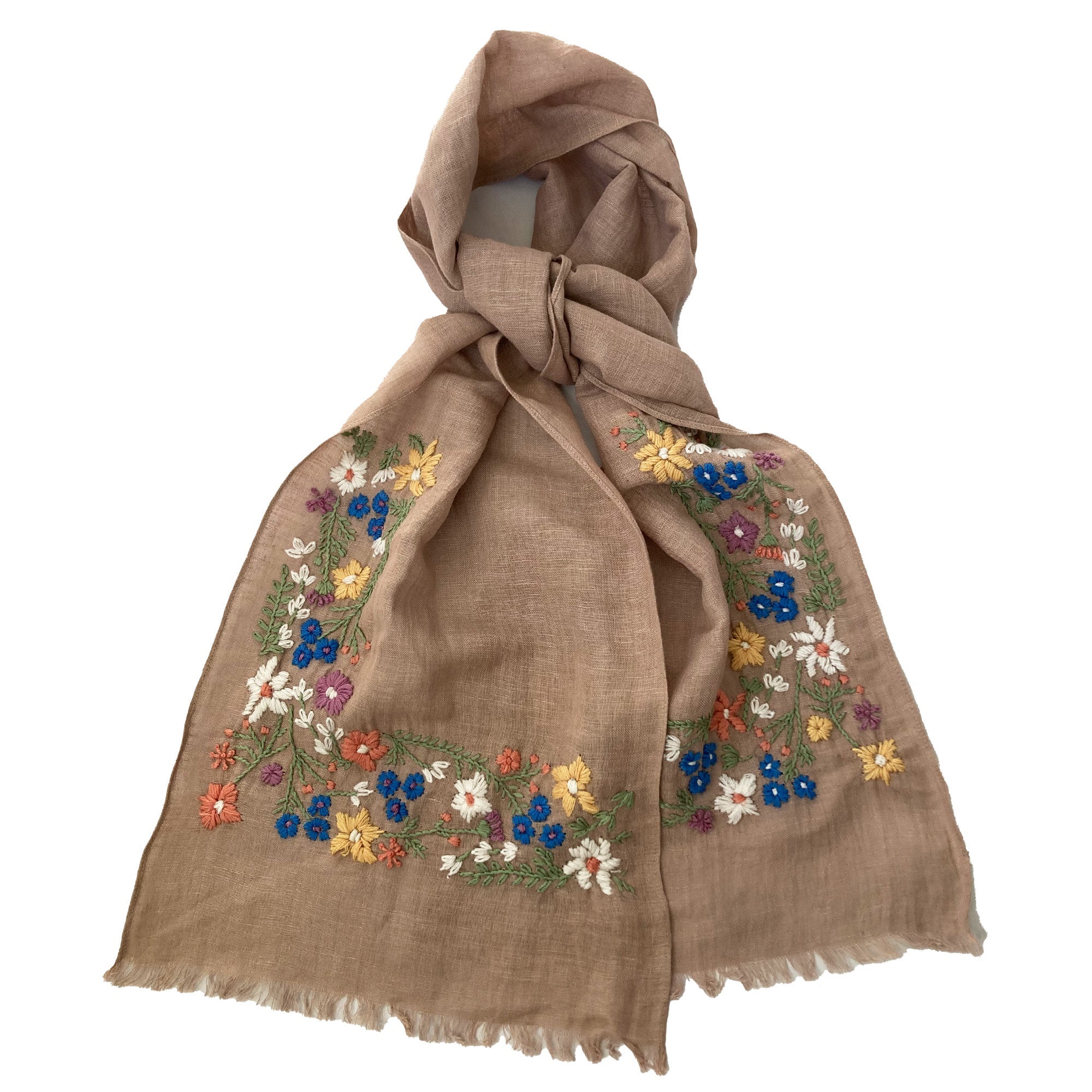 Hand Embroidered 100% Linen Scarf in Soft Brown Floral - Image 2