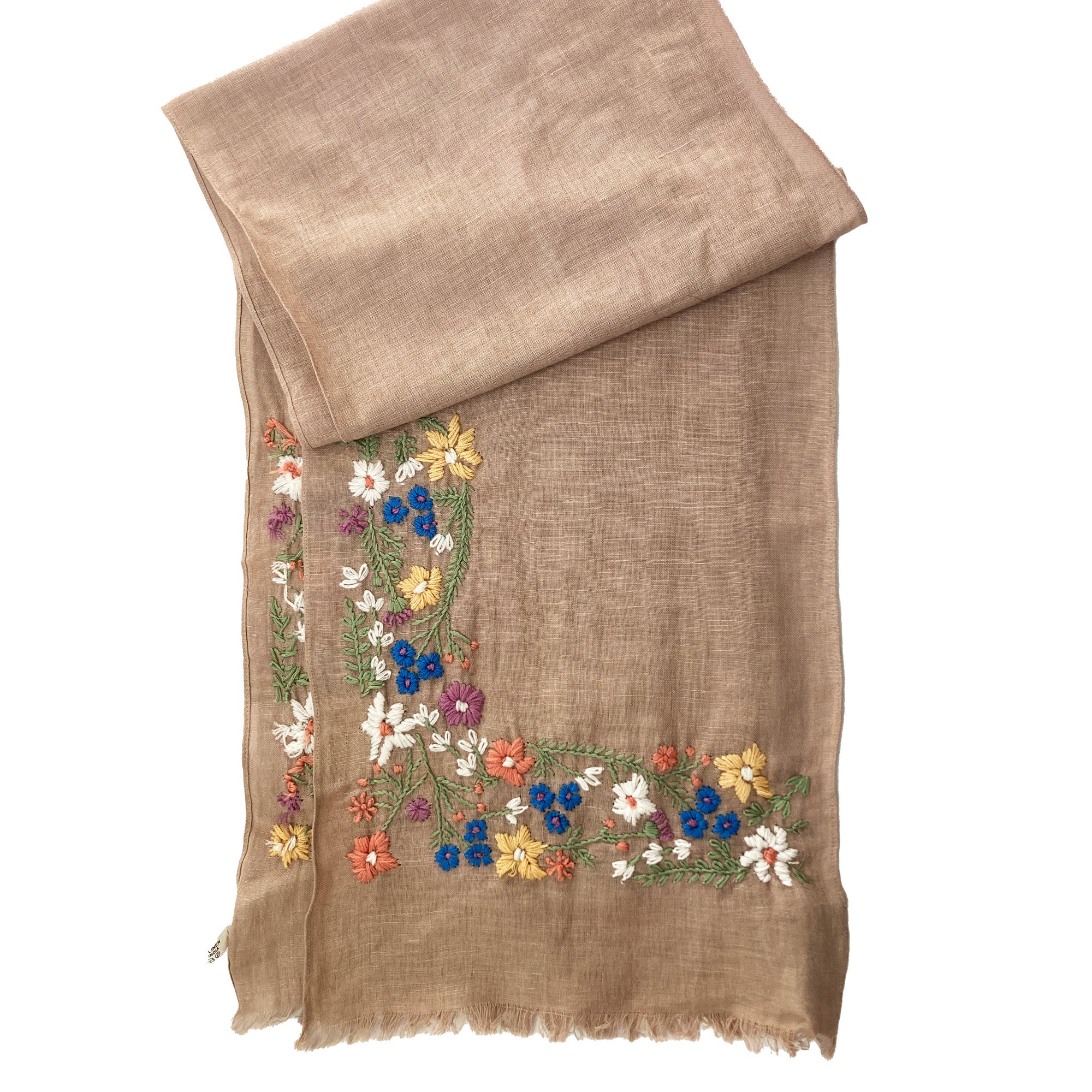 Hand Embroidered 100% Linen Scarf in Soft Brown Floral - Image 3