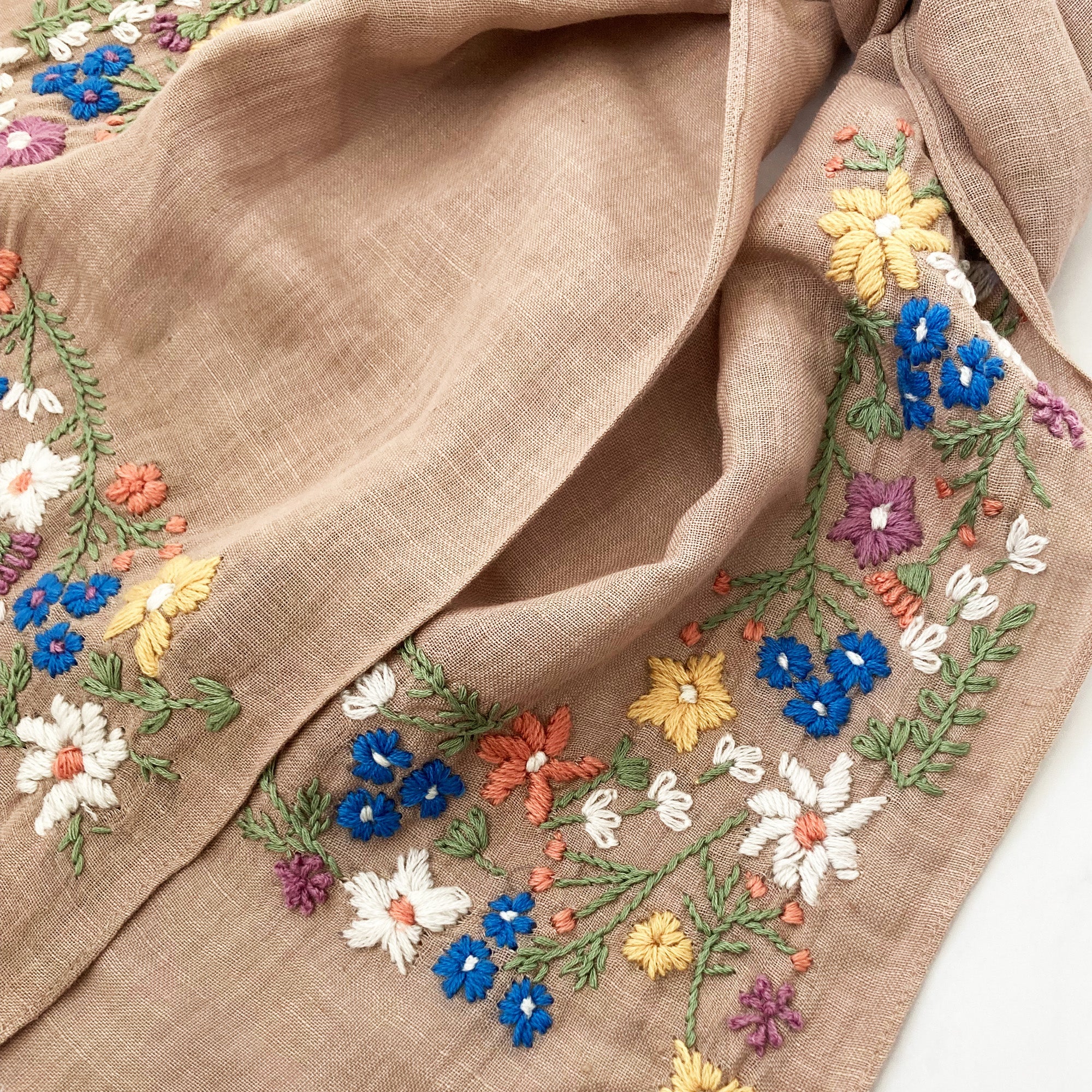 Hand Embroidered 100% Linen Scarf in Soft Brown Floral - Image 4