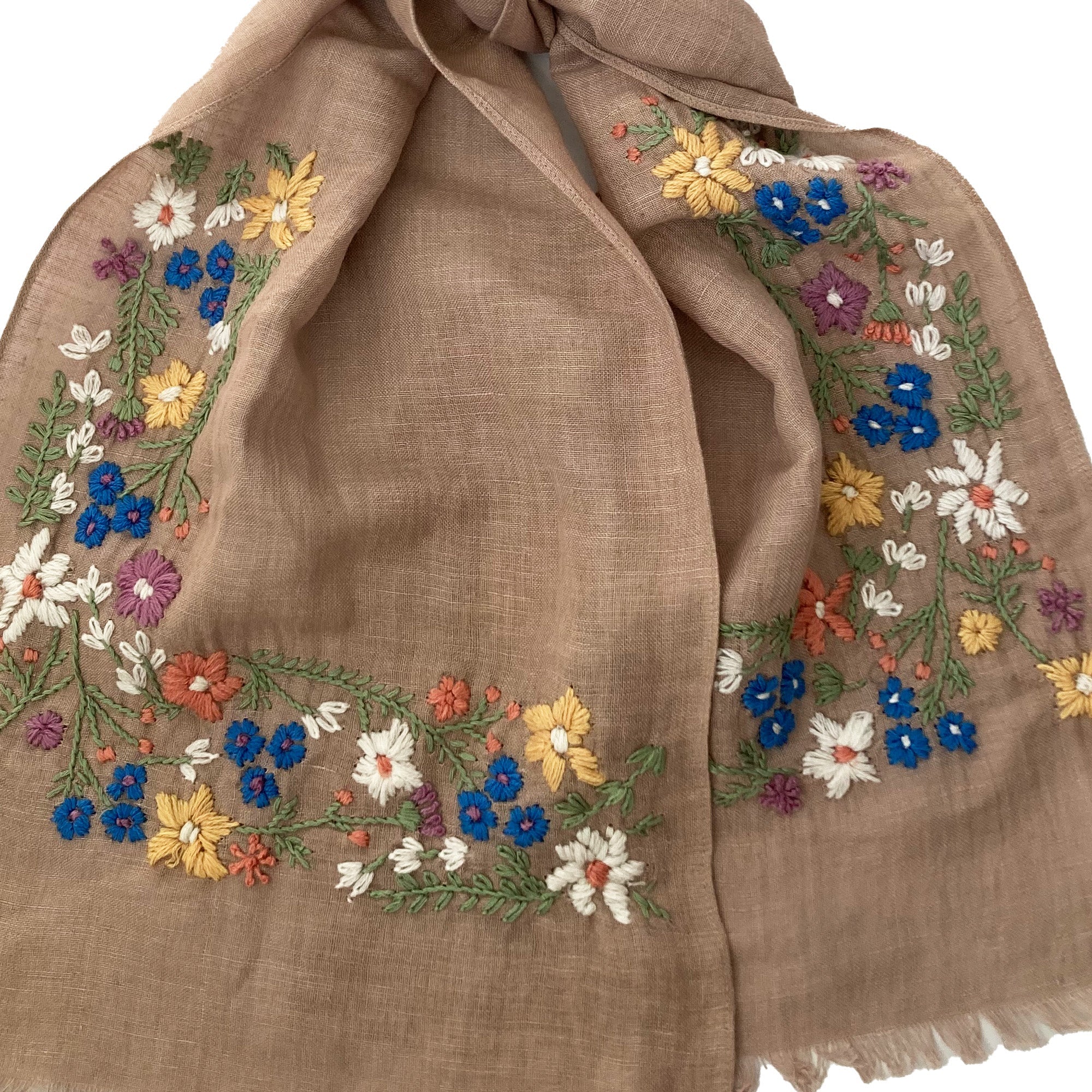 Hand Embroidered 100% Linen Scarf in Soft Brown Floral - Image 5