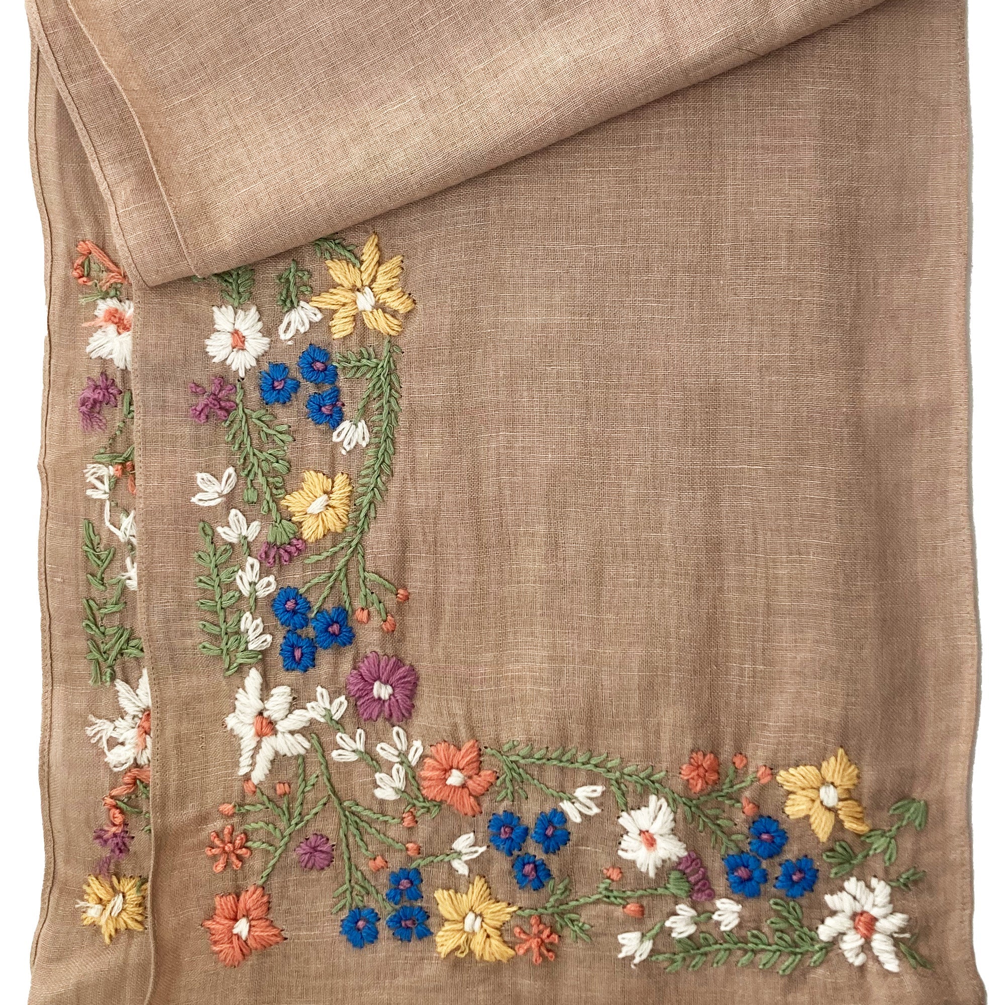 Hand Embroidered 100% Linen Scarf in Soft Brown Floral - Image 6