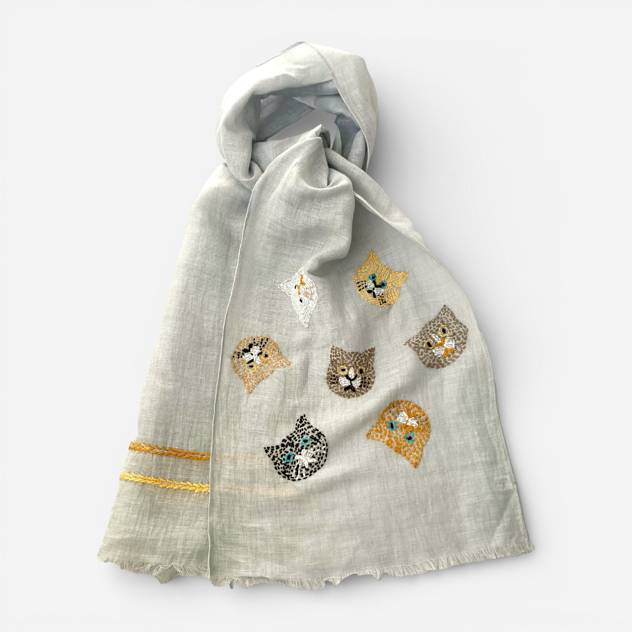 Hand Embroidered 100% Linen Scarf with Cat face design - Image 2