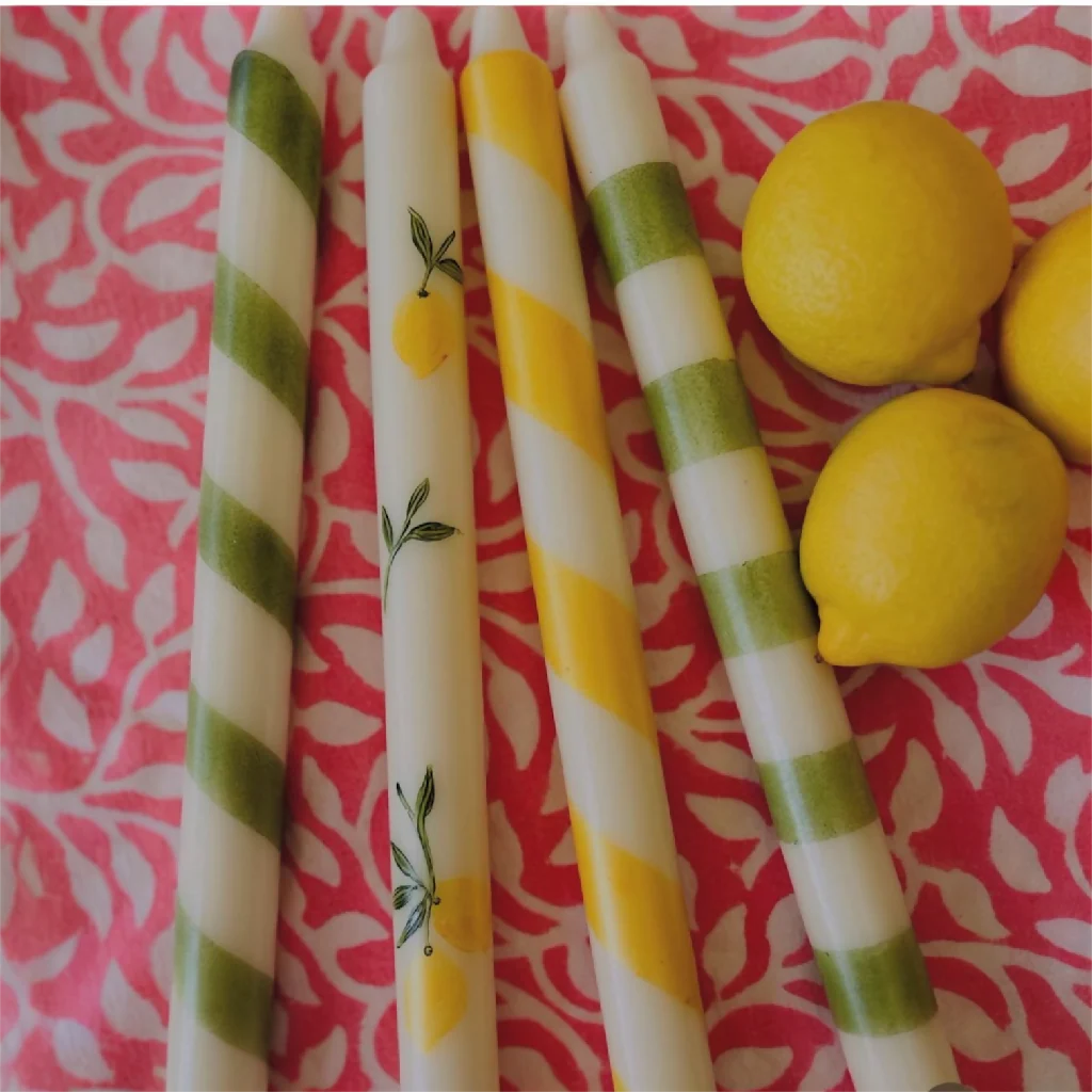 Hand painted ivory candle with a Lemon twist design - Set of two