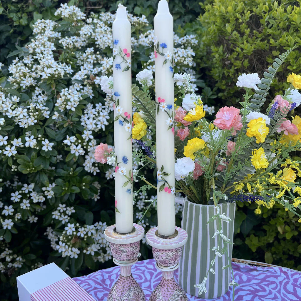 HAND PAINTED IVORY CANDLES WITH ENTWINED SPRING FLOWERS - SET OF TWO