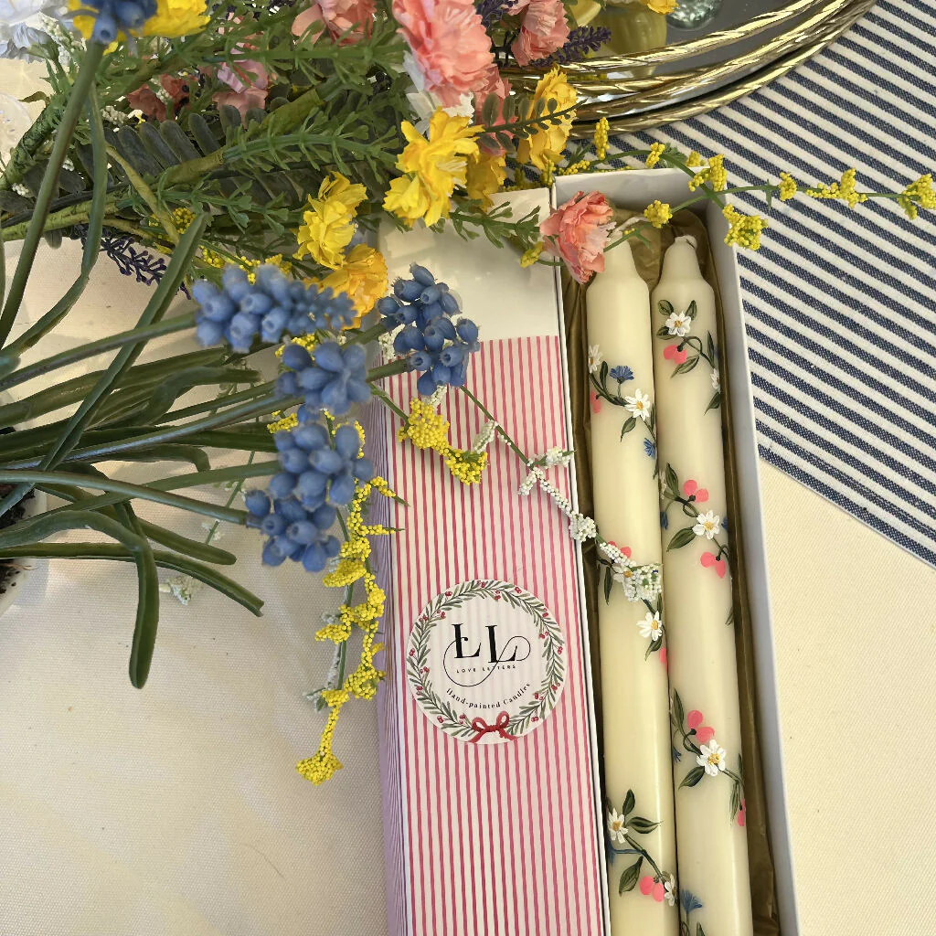 HAND PAINTED IVORY CANDLES WITH ENTWINED SPRING FLOWERS - SET OF TWO - Image 2