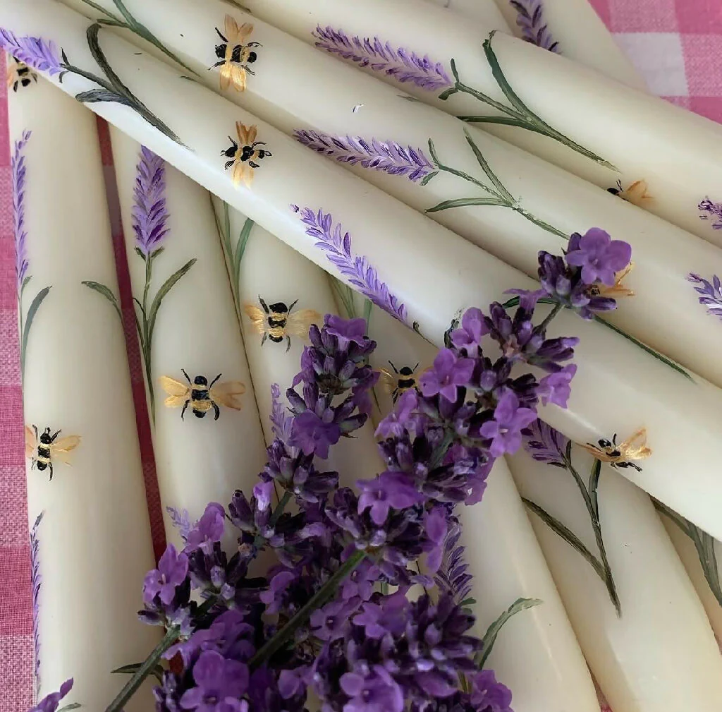 Hand Painted Lavender & Bee Taper Candles – Set of 2 Candles