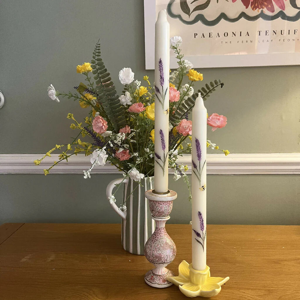 Hand Painted Lavender & Bee Taper Candles – Set of 2 Candles - Image 3