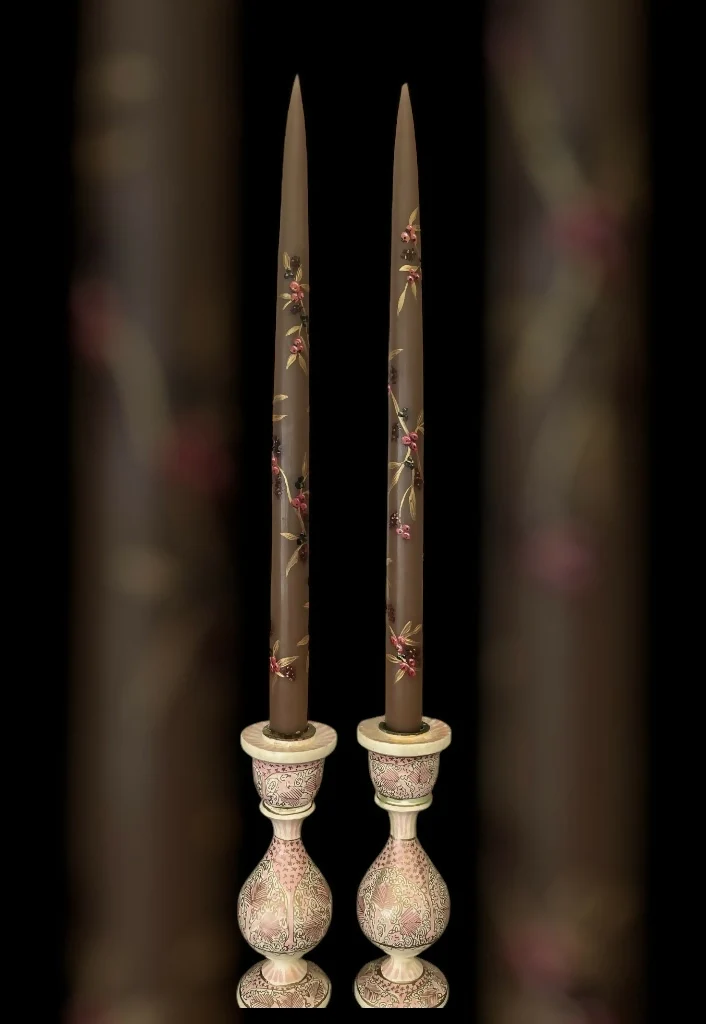 Hand painted pair of tapered brown candles with a berry design priced per pair - Image 3