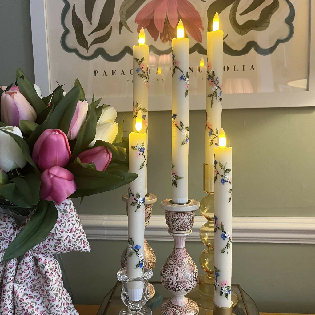 Hand painted real wax LED candles with delicate entwined florals - Image 2