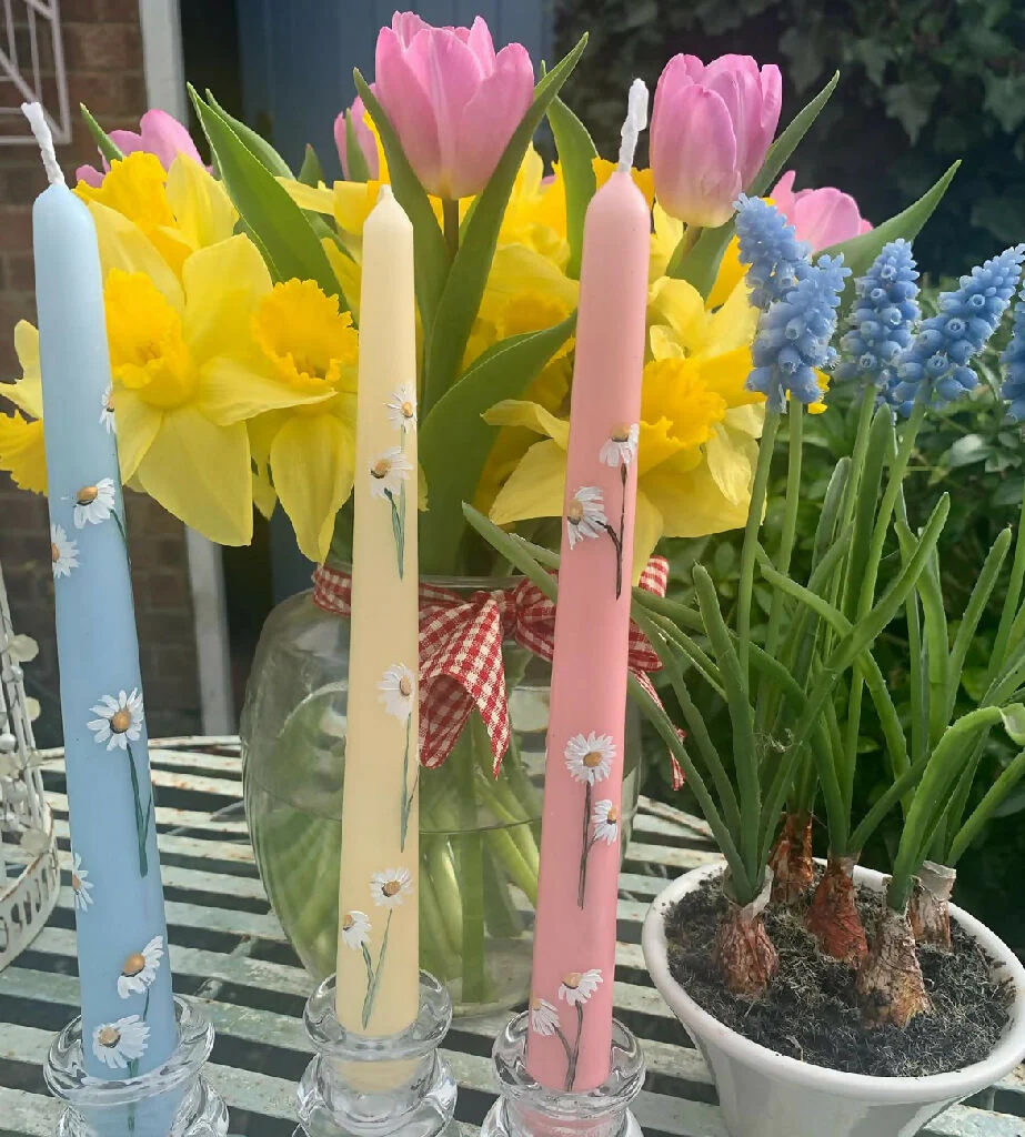 Hand painted tapered candles with delicate daisy design set of two - Image 2