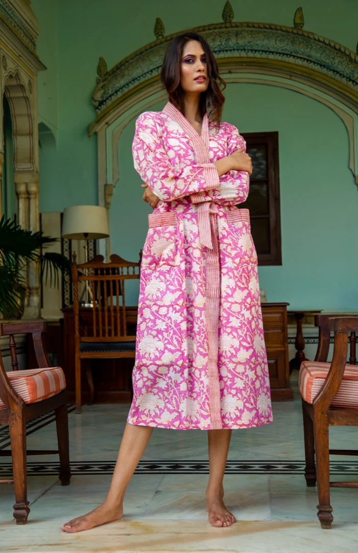 Hand Printed Cotton Kimono Robe - China Blue - Image 6