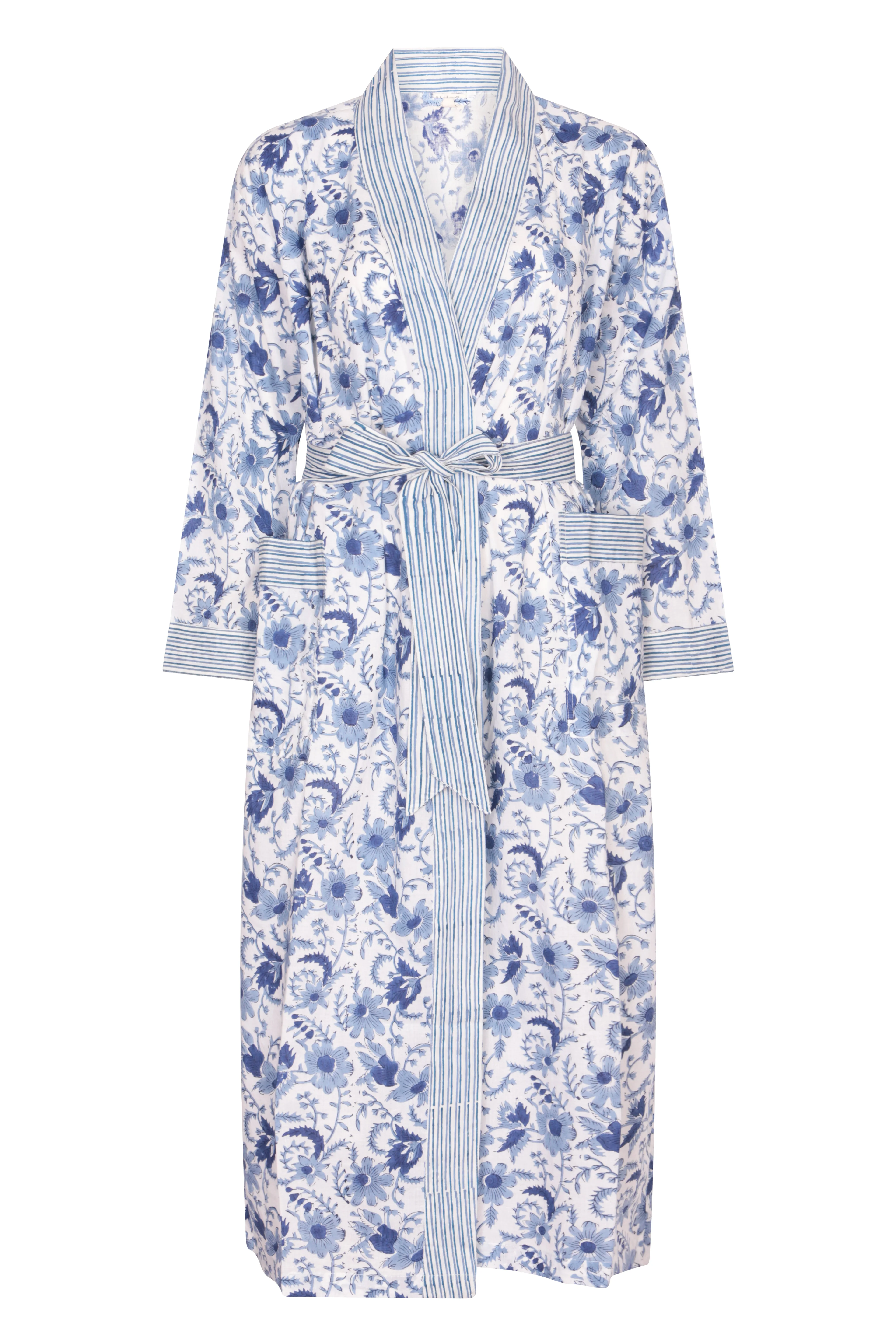 Hand Printed Cotton Kimono Robe - Cornflower Blue - Image 2