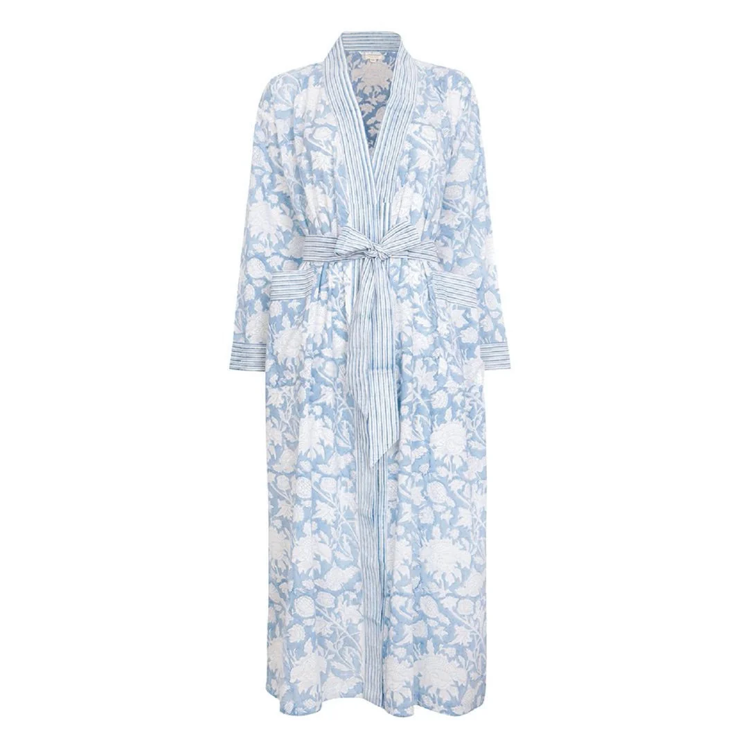Hand Printed Cotton Kimono Robe - De Nimes Blue - Image 3