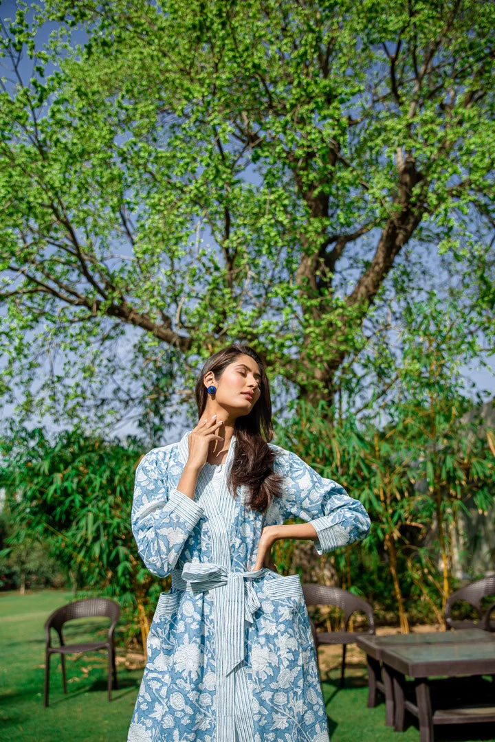 Hand Printed Cotton Kimono Robe - De Nimes Blue - Image 4