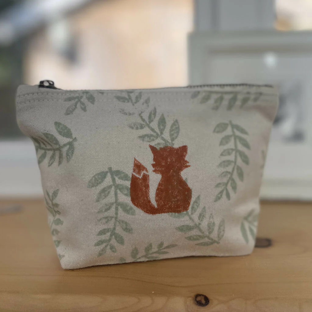 Hand printed fox cosmetic bag- Small - Image 2