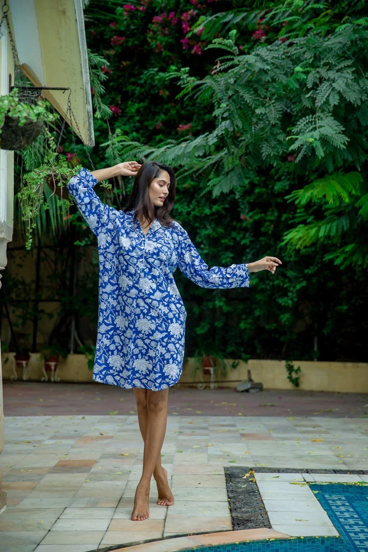 Hand Printed Nightshirt- China Blue - Image 3