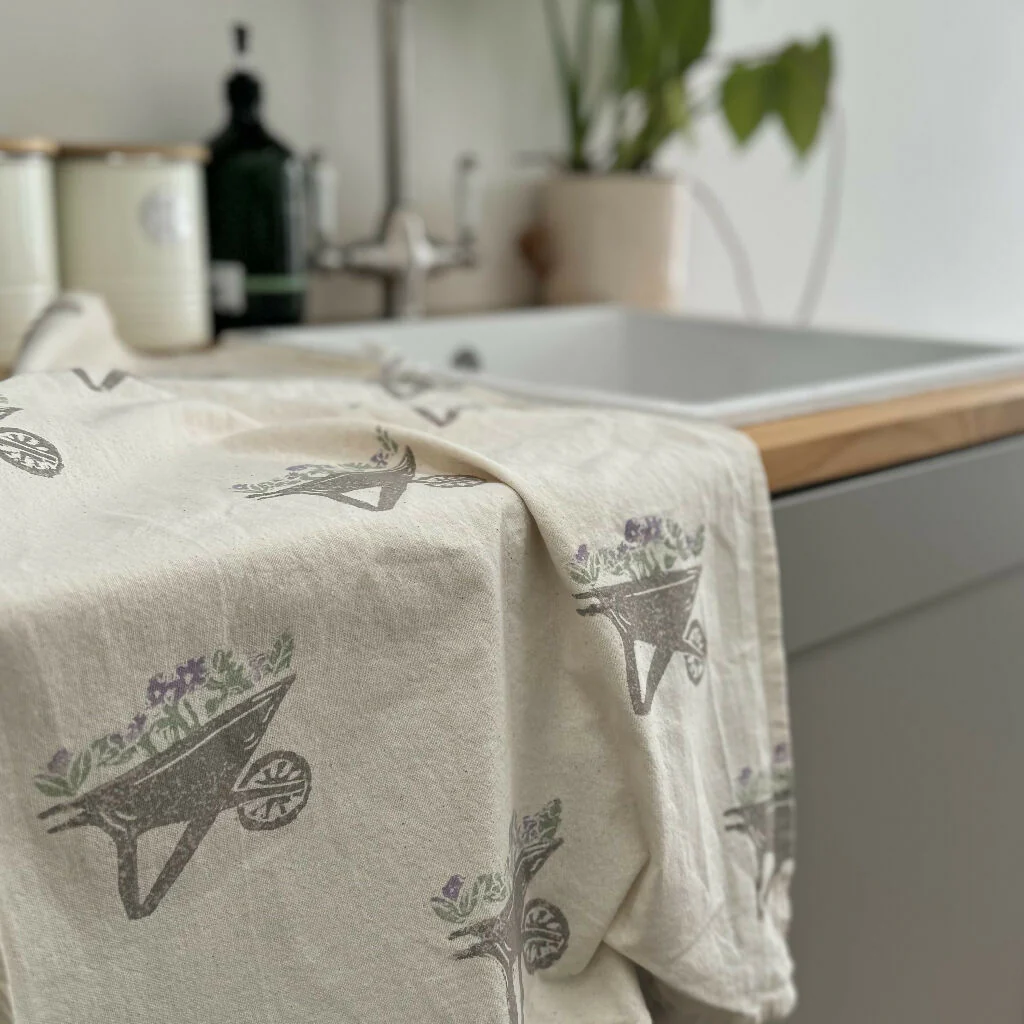 Hand printed tea towel- Gardening - Image 2